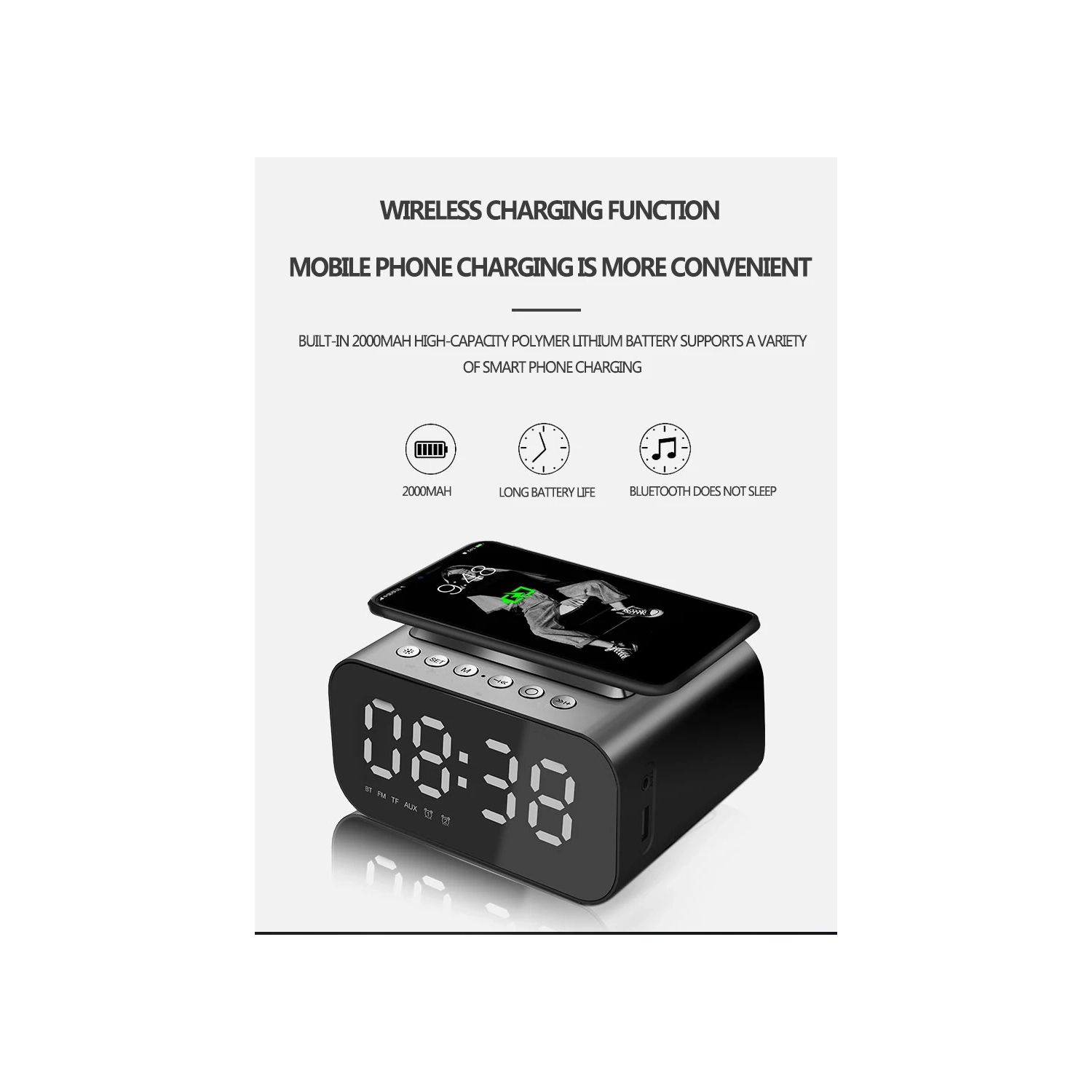 4 in 1 Wireless Phone Charging Station, Smart Digital Alarm Clock, Bluetooth Speaker, FM Radio for Bedroom and Office