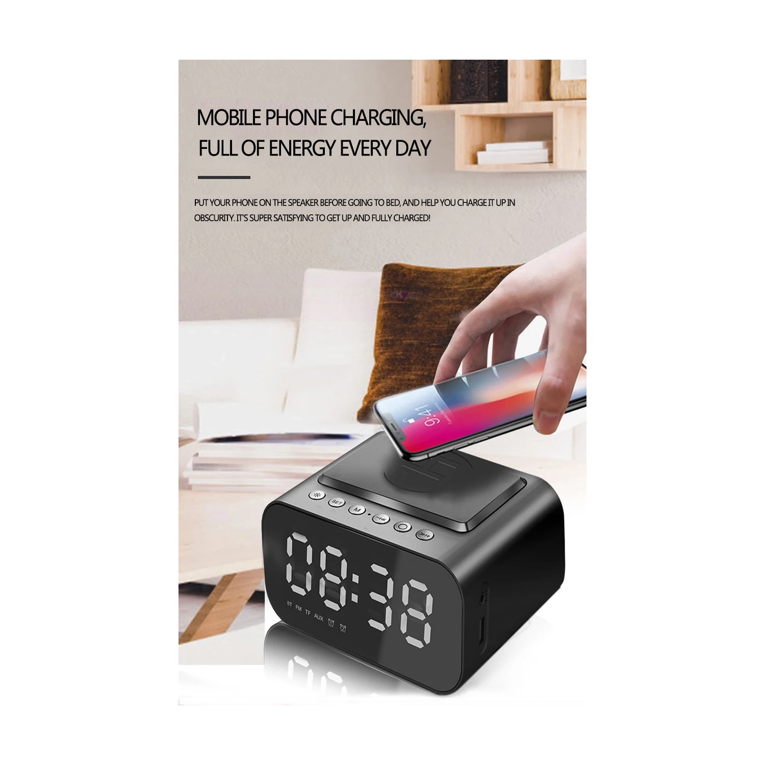 4 in 1 Wireless Phone Charging Station, Smart Digital Alarm Clock, Bluetooth Speaker, FM Radio for Bedroom and Office
