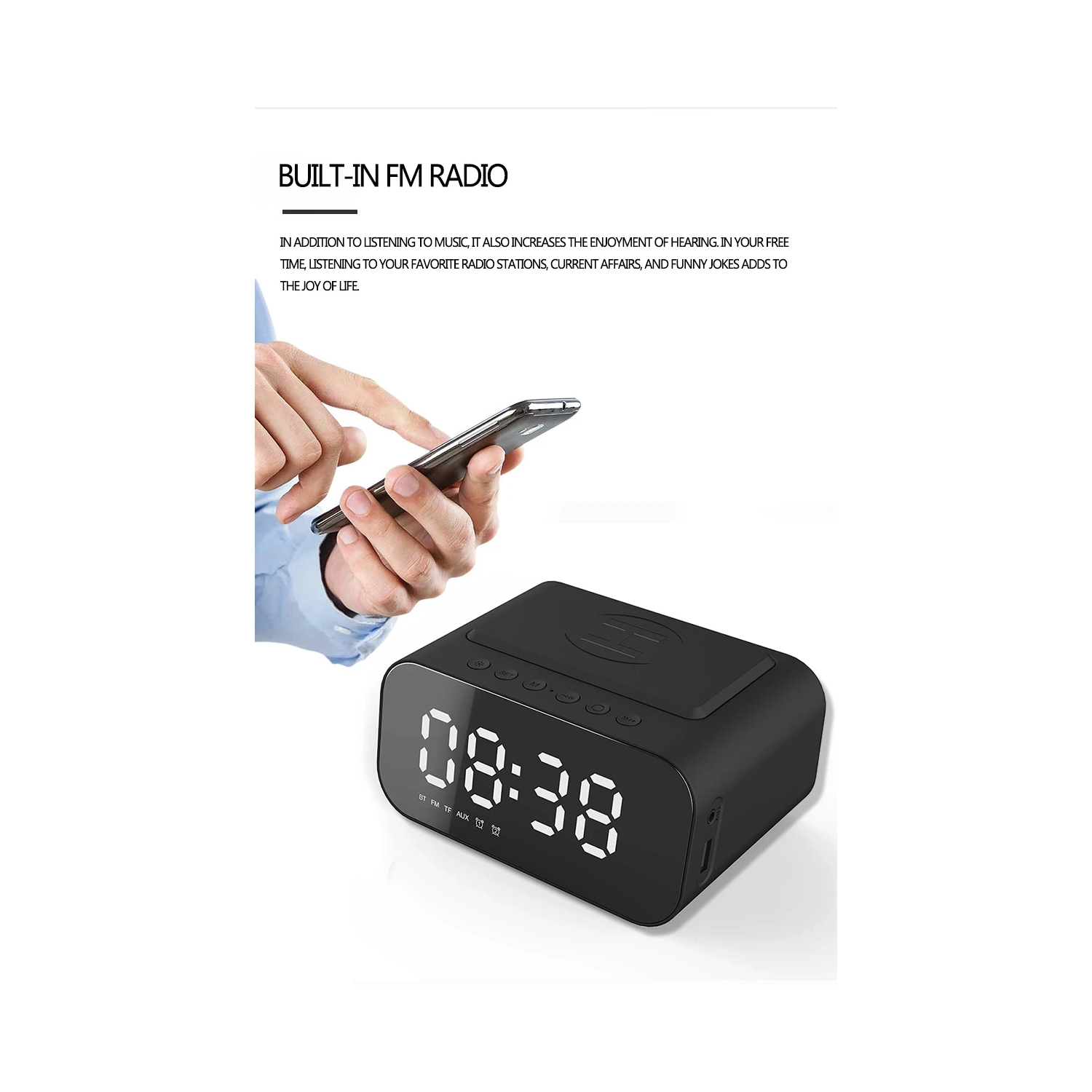 4 in 1 Wireless Phone Charging Station, Smart Digital Alarm Clock, Bluetooth Speaker, FM Radio for Bedroom and Office