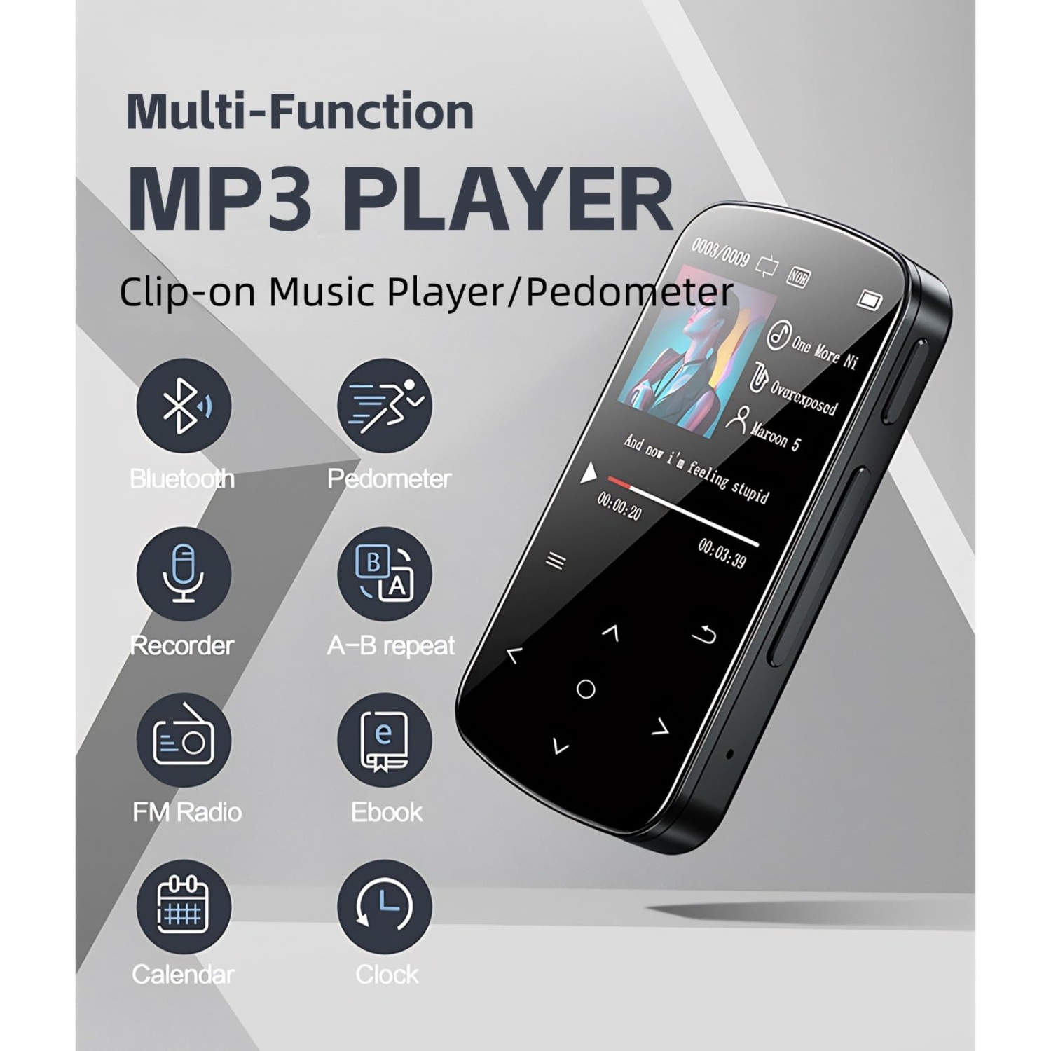 Lecteur MP3 32&nbsp;Go avec bouton tactile d'écran 1.5&nbsp;po, lecteur MP3 Hi-Fi avec podomètre à pince Lecteur de carte d'enregistrement vocal