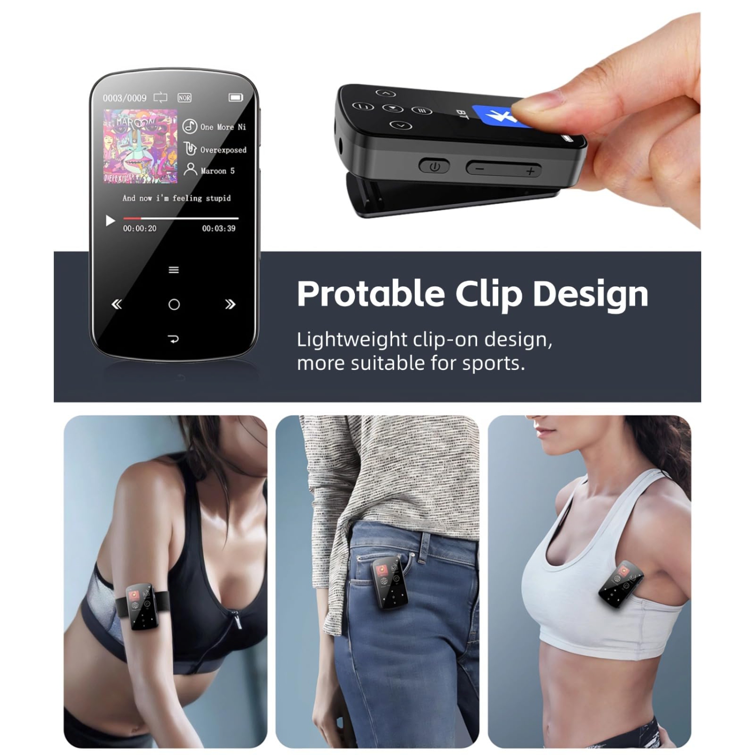 Lecteur MP3 32&nbsp;Go avec bouton tactile d'écran 1.5&nbsp;po, lecteur MP3 Hi-Fi avec podomètre à pince Lecteur de carte d'enregistrement vocal