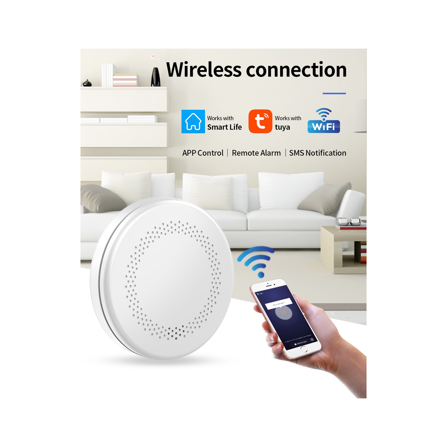 Détecteur de fumée Wi-Fi Tuya, détecteur de fumée sans fil à domicile, notification intelligente à distance de détection d'incendie