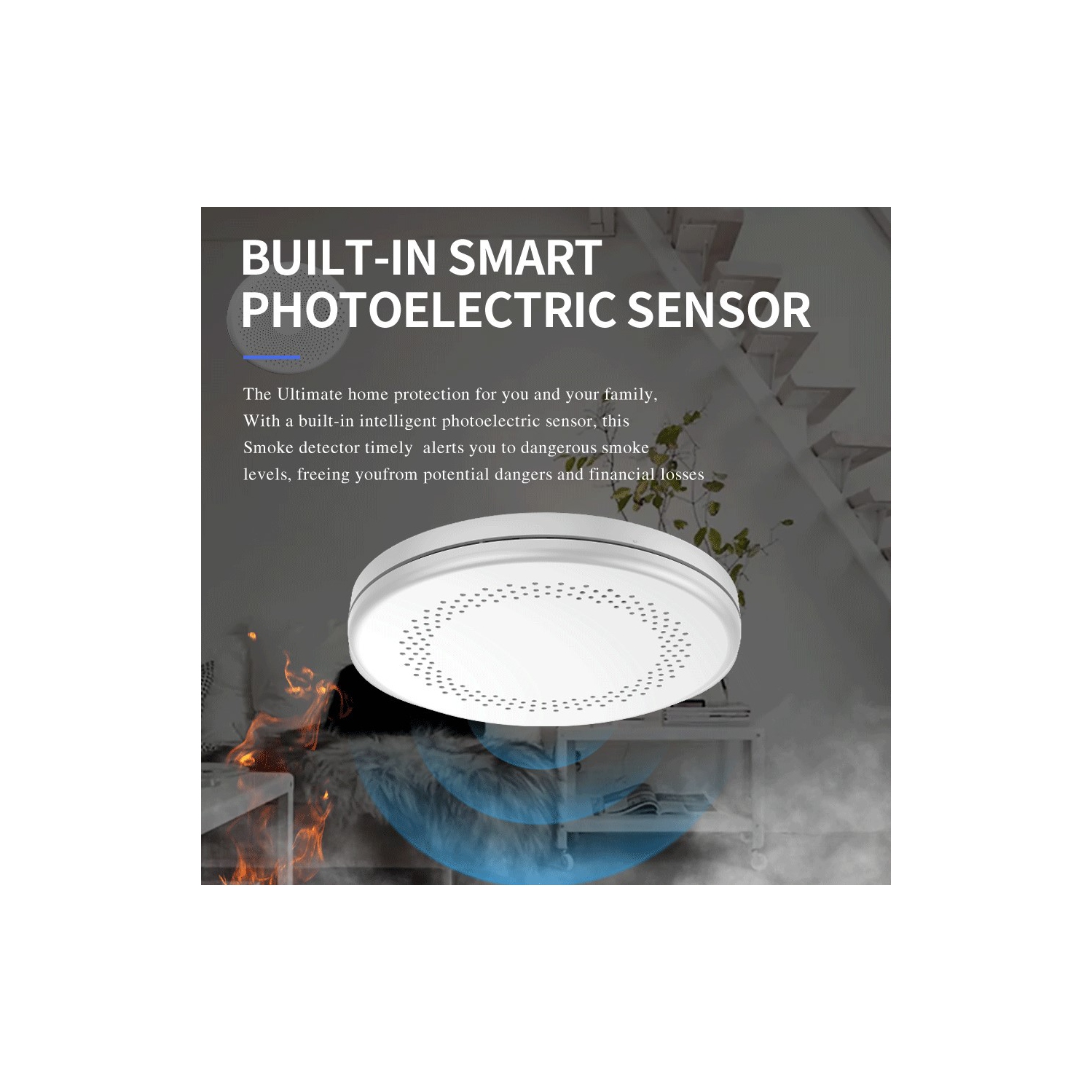 Détecteur de fumée Wi-Fi Tuya, détecteur de fumée sans fil à domicile, notification intelligente à distance de détection d'incendie