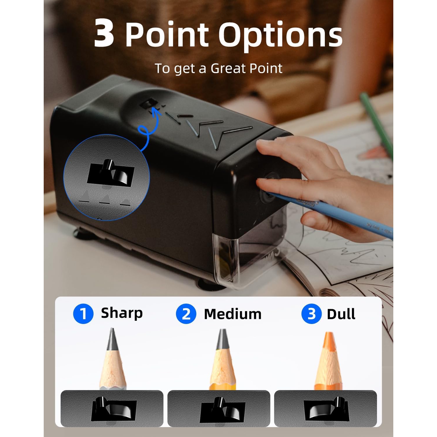 Electric Pencil Sharpener, Heavy Duty Classroom Sharpener for Colored Pencils, Auto Stop/3 Modes Optional/Super Sharp and Fast