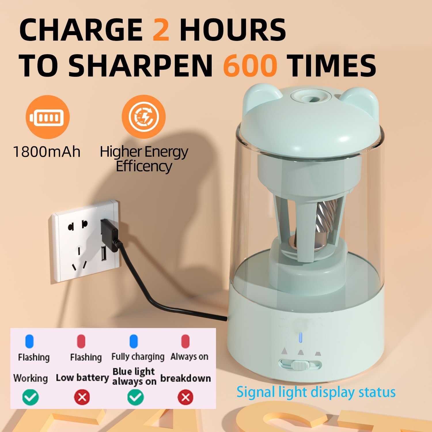 Affûteur électrique, taille-crayon entièrement automatique, taille-crayon rechargeable pour crayons de couleur de 0,255 à 0,315&nbsp;po - Bleu