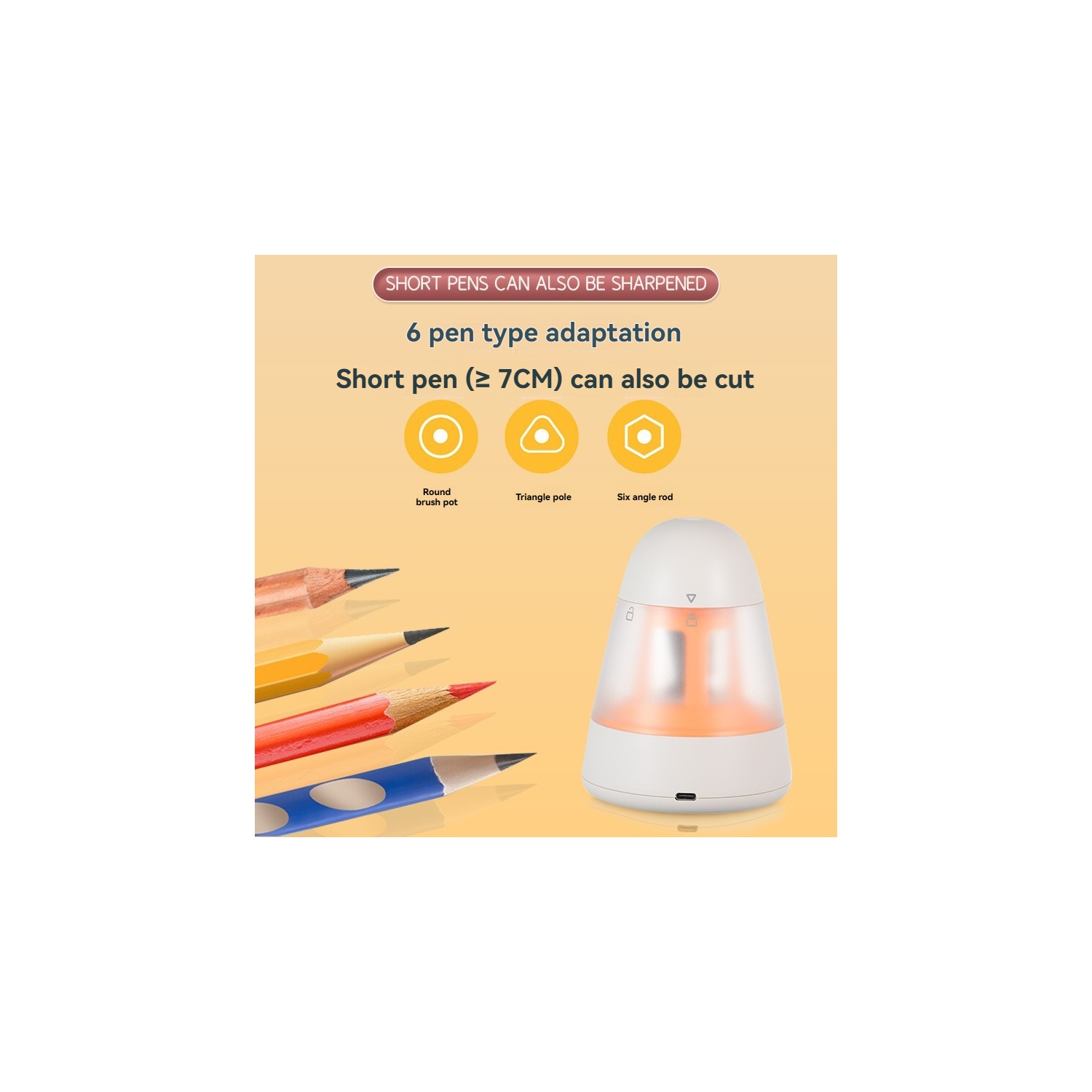 Taille-crayon électrique, pile rechargeable 1500&nbsp;mAh intégrée, adapté aux crayons de ≥7&nbsp;cm, affûtage rapide et automatique