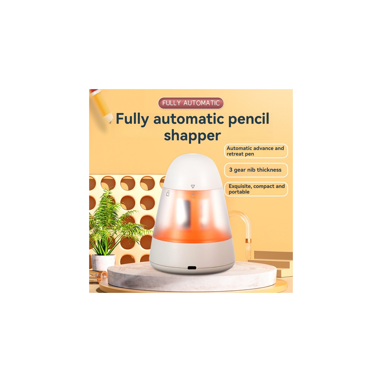 Taille-crayon électrique, pile rechargeable 1500&nbsp;mAh intégrée, adapté aux crayons de ≥7&nbsp;cm, affûtage rapide et automatique