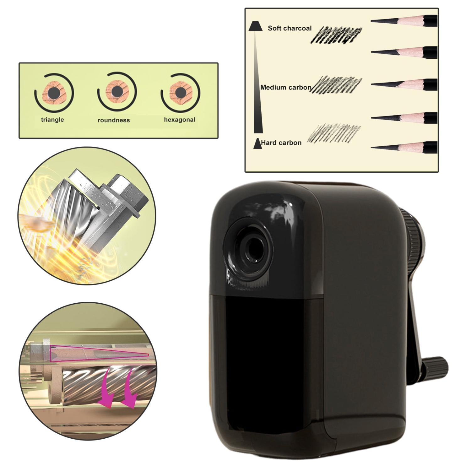 Manual pencil sharpener for art students, 5-speed hand-cranked pencil sharpener for sketching - black