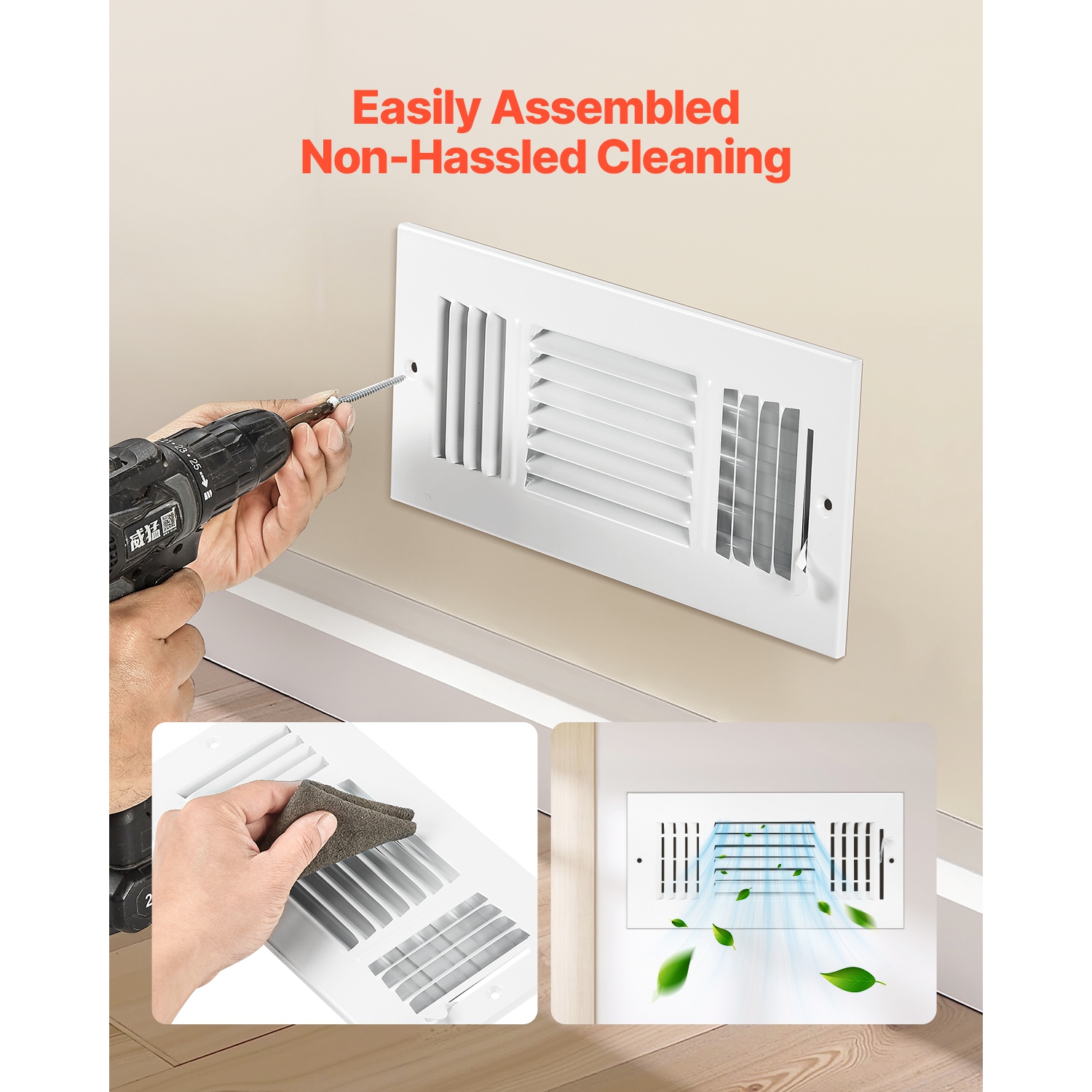 Registres de plancher VEVOR de 4 x 10&nbsp;po, 6 évents de plancher, grilles de ventilation en fer à 3 directions pour la maison, déflecteur