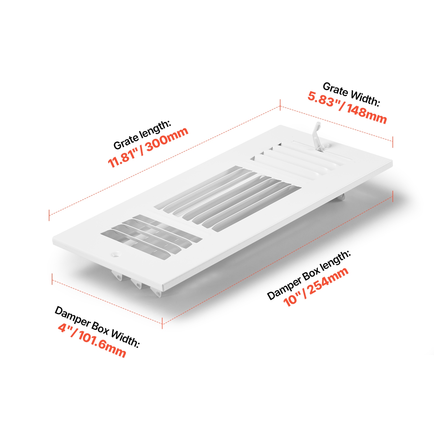 Registres de plancher VEVOR de 4 x 10&nbsp;po, 6 évents de plancher, grilles de ventilation en fer à 3 directions pour la maison, déflecteur