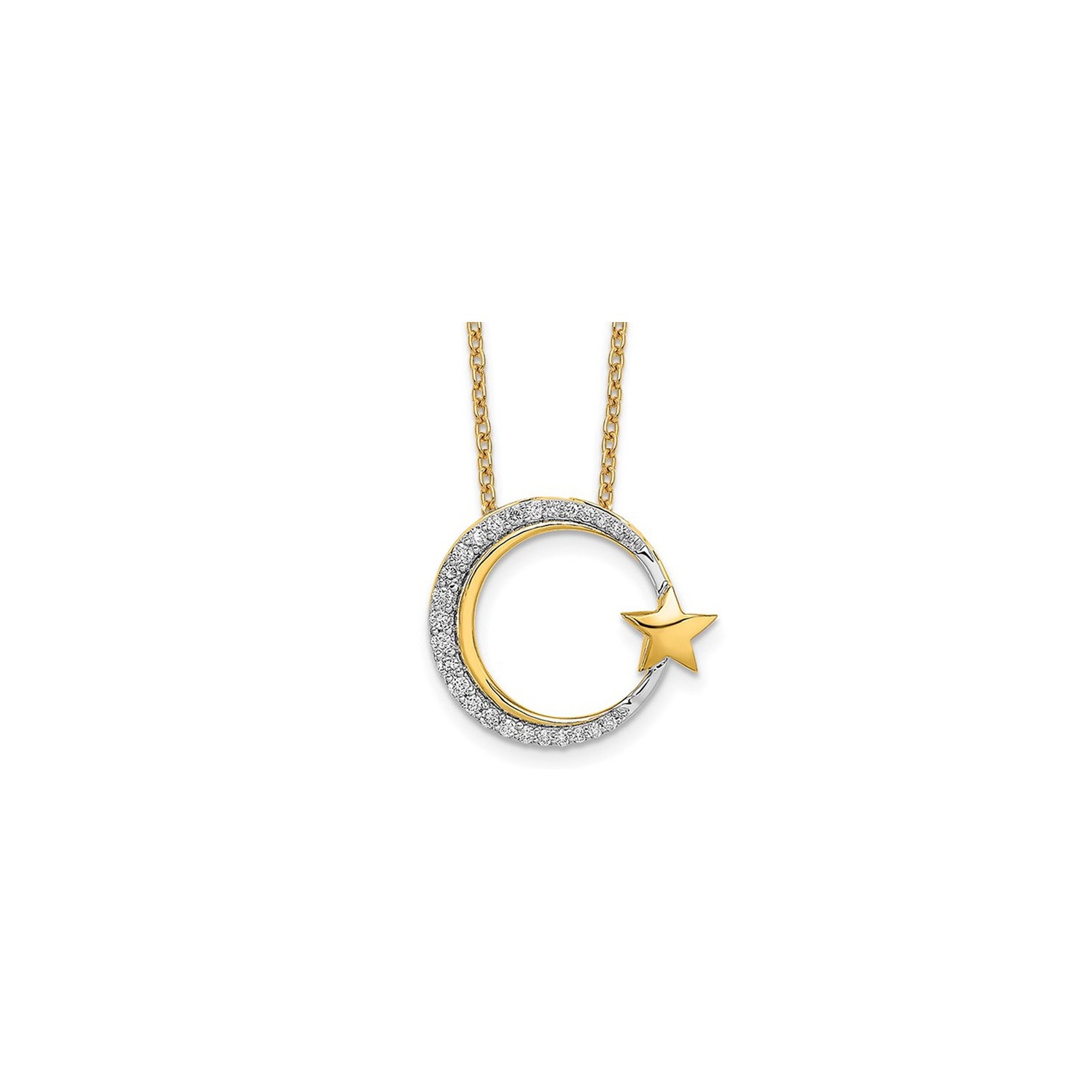 14K Yellow and Wihite Gold Moon and Star Charm Pendant Necklace with Chain and Diamonds