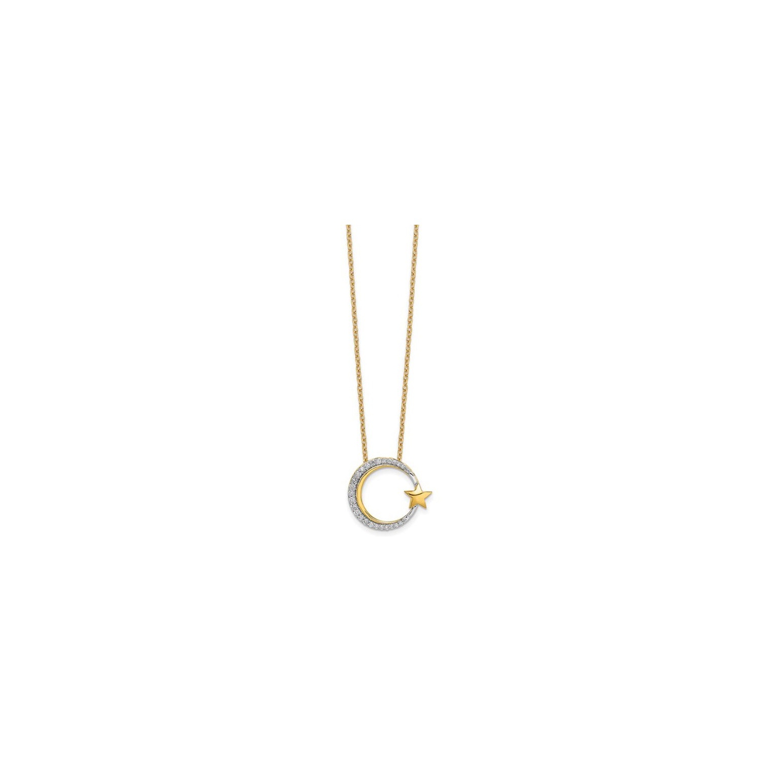 14K Yellow and Wihite Gold Moon and Star Charm Pendant Necklace with Chain and Diamonds
