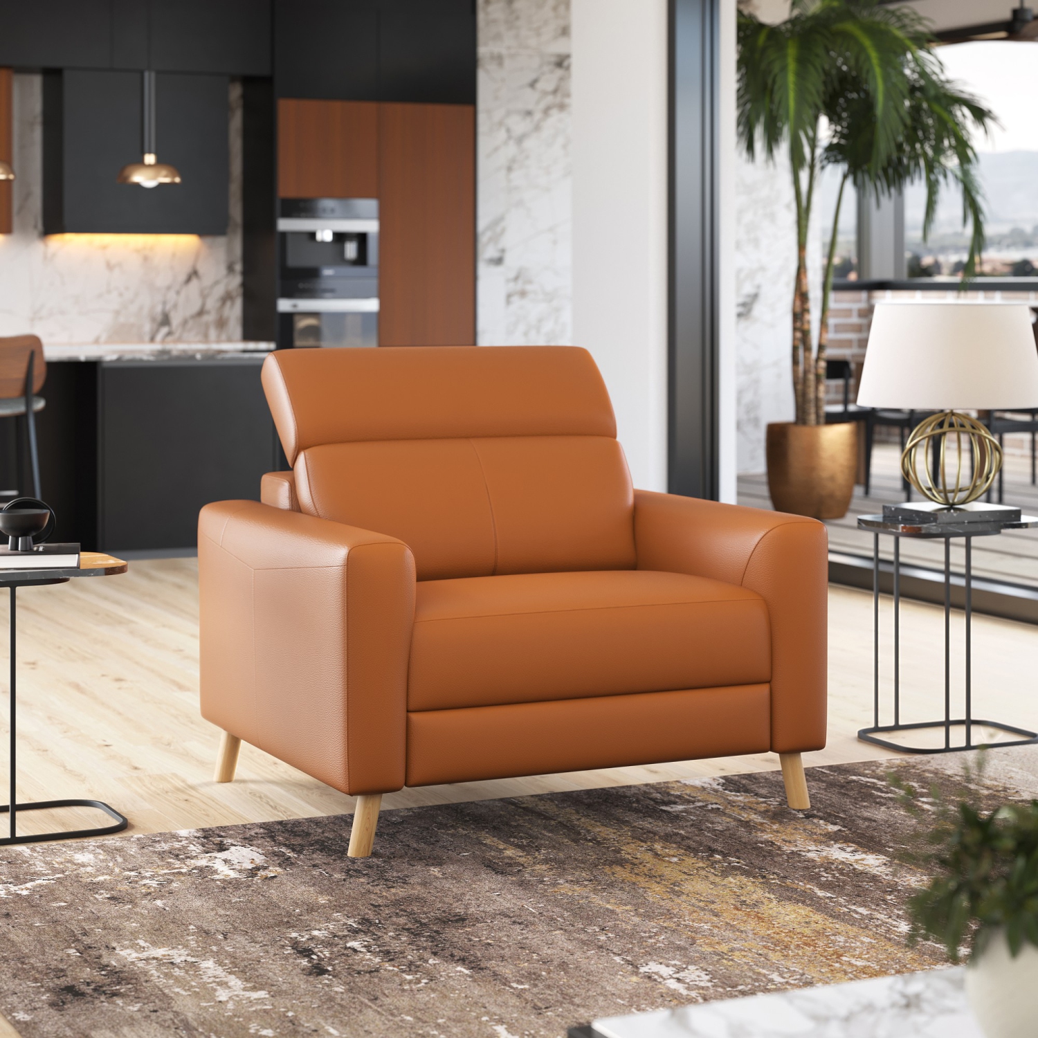 Valencia – Fauteuil d'appoint en cuir pleine fleur Elodie, cognac