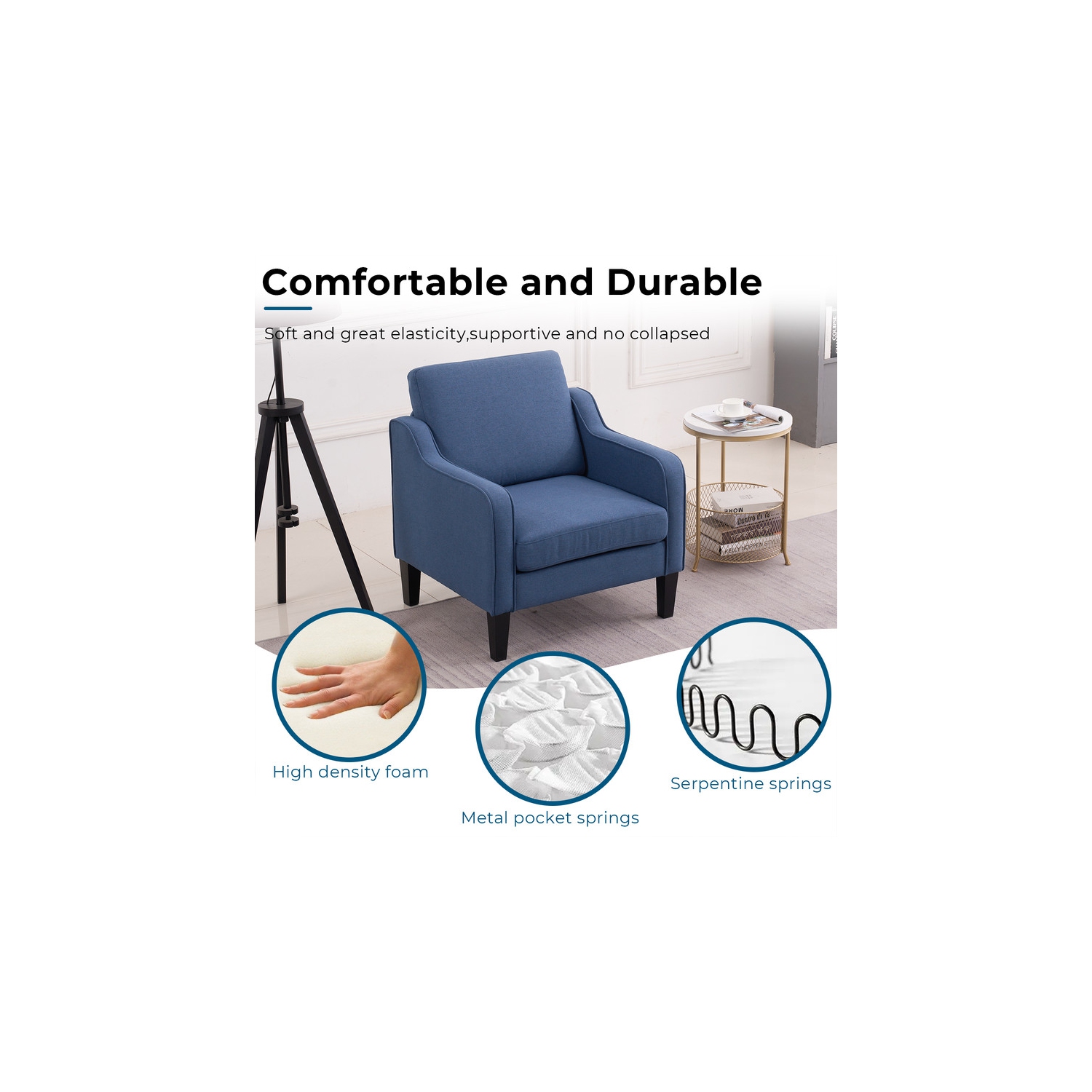 Karl Home Cotton And Linen Contemporary Accent Chair Armchair For Living Room Blue