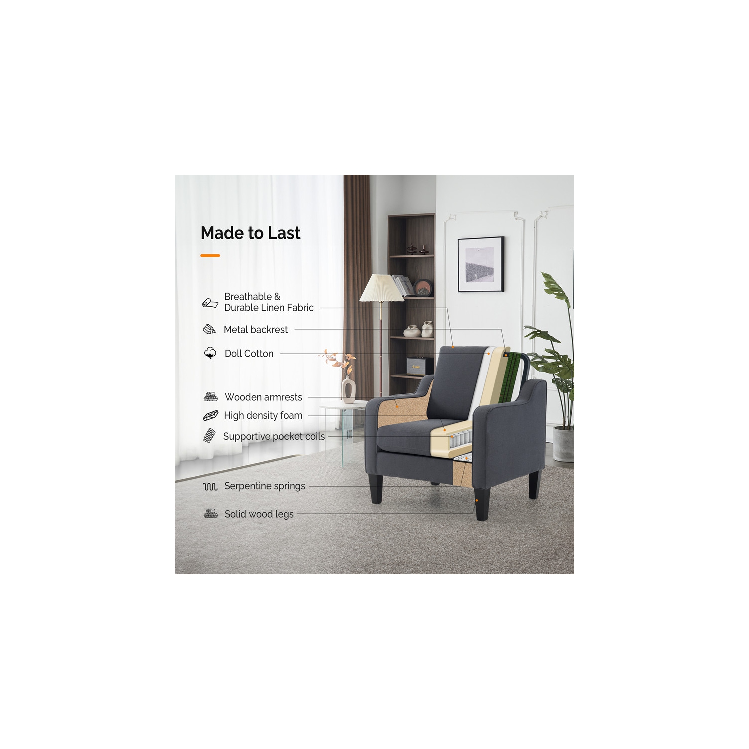 Karl Home Cotton And Linen Contemporary Accent Chair Armchair For Living Room Dark Grey