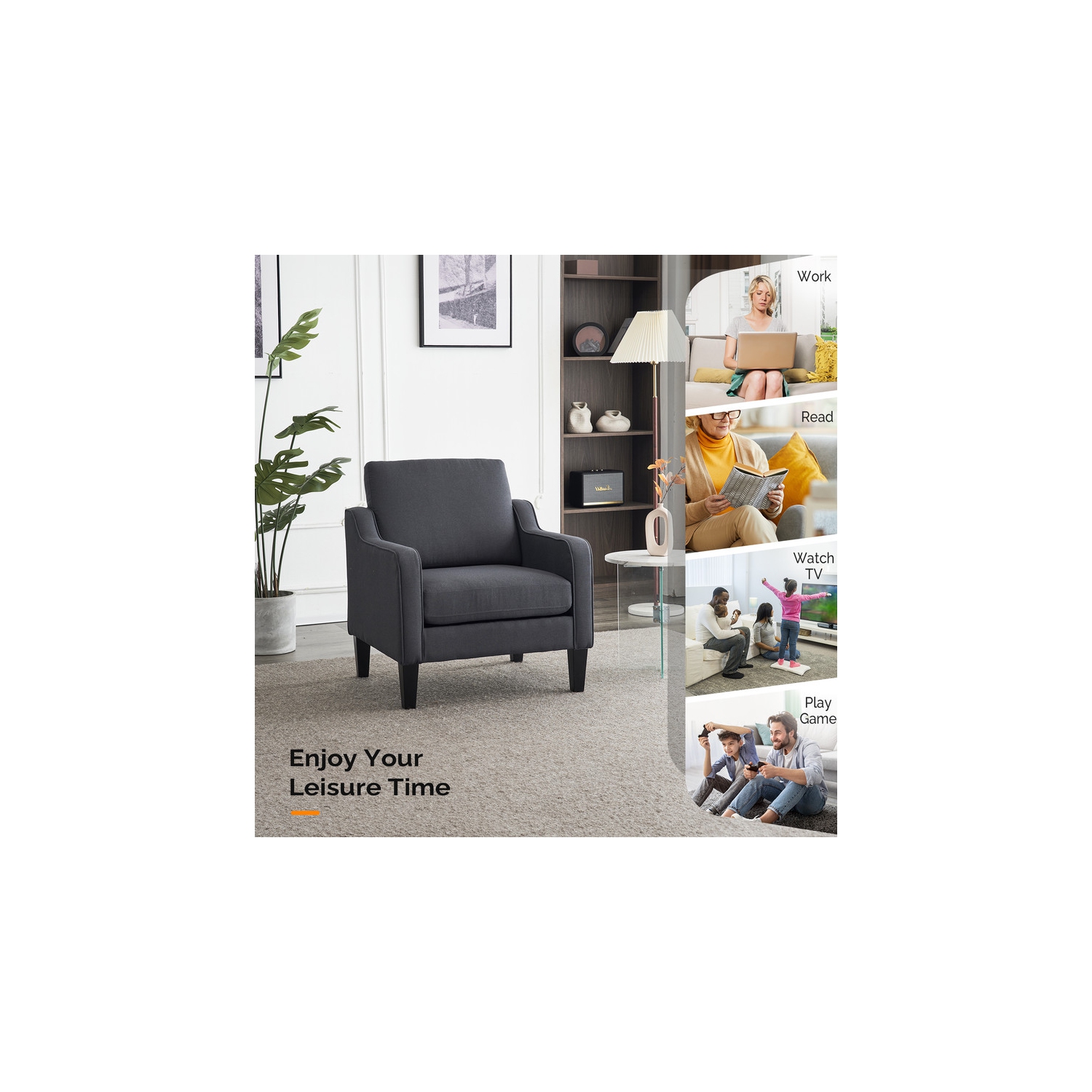 Karl Home Cotton And Linen Contemporary Accent Chair Armchair For Living Room Dark Grey