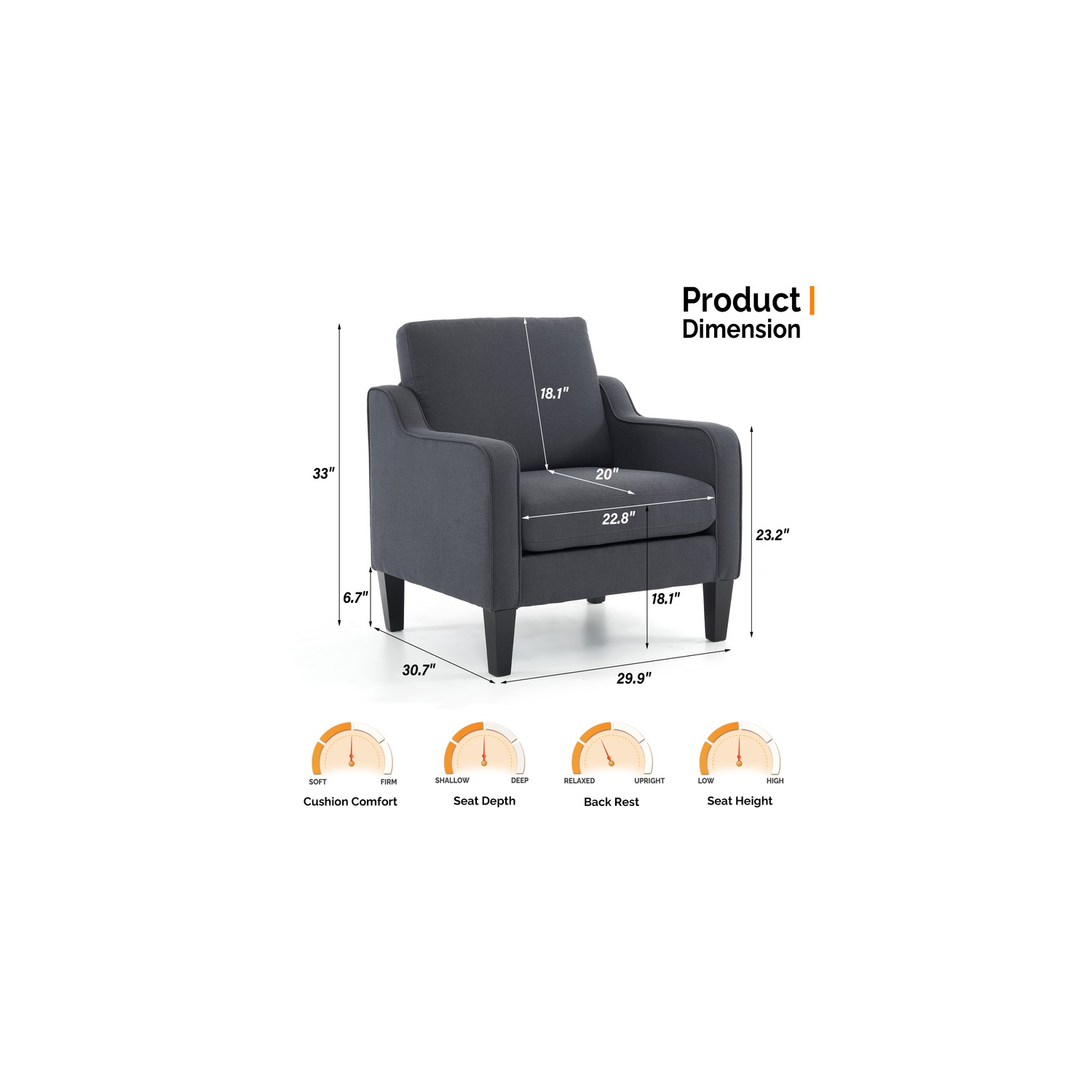 Karl Home Cotton And Linen Contemporary Accent Chair Armchair For Living Room Dark Grey