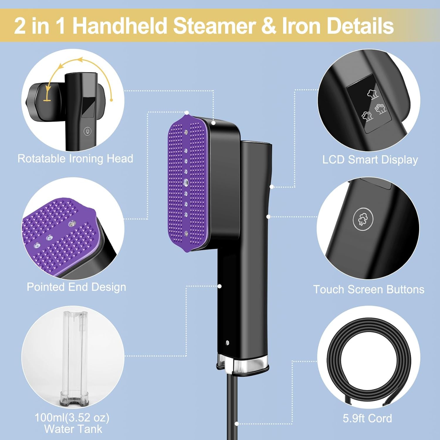 Défroisseur à vapeur portatif Fruzmzk pour vêtements – Défroisseur à vapeur portatif 2-en-1 et fer à repasser avec 3 niveaux de vapeur pour la maison