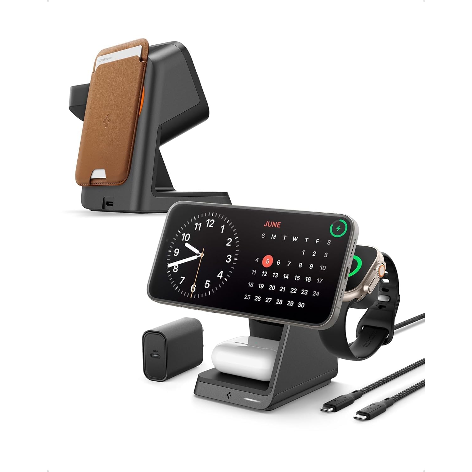 Station de chargement sans fil 3-en-1 de Spigen pour support de chargement MagSafe [certifié] 15&nbsp;W Recharge rapide pour iPhone 16e 16 Pro Max/16