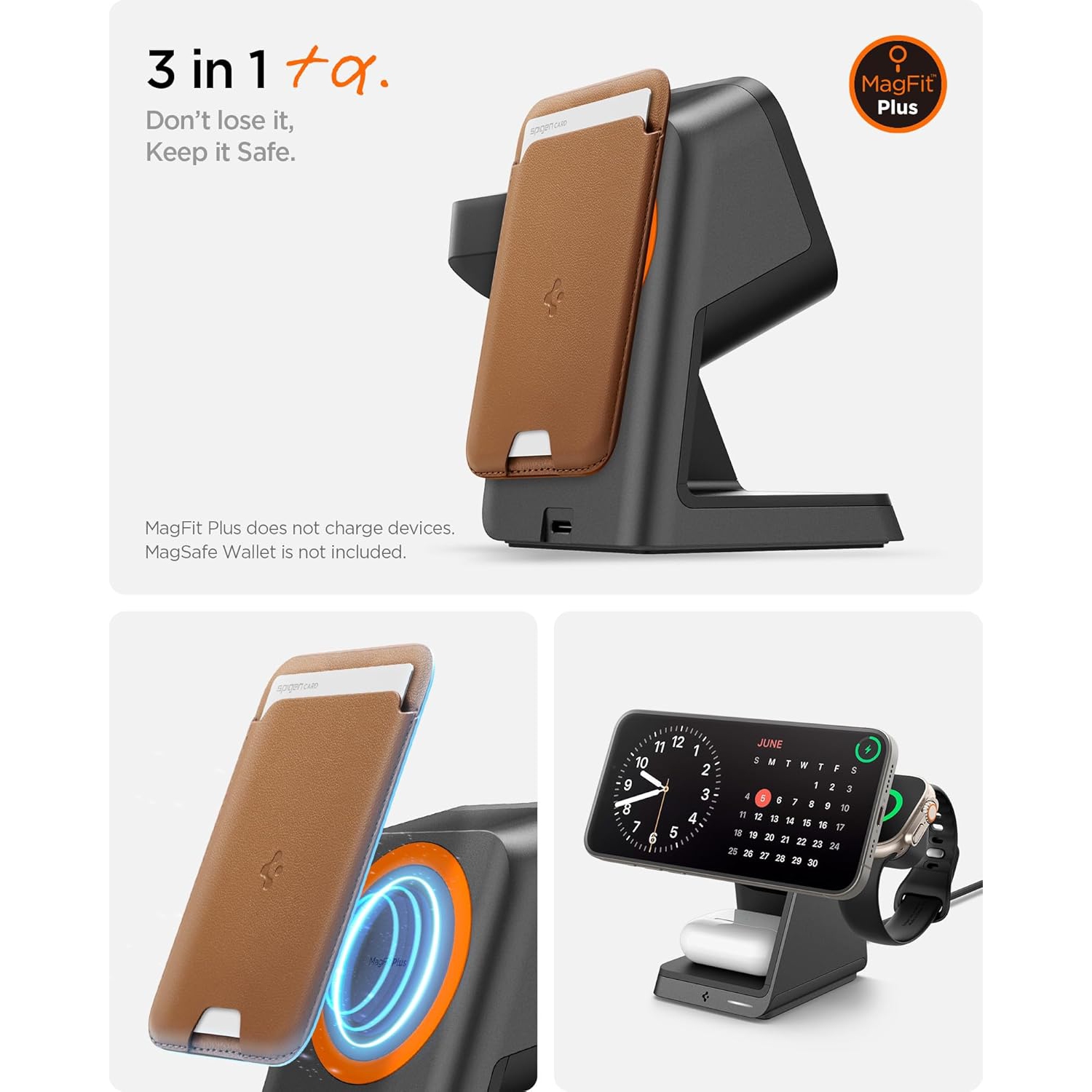 Station de chargement sans fil 3-en-1 de Spigen pour support de chargement MagSafe [certifié] 15&nbsp;W Recharge rapide pour iPhone 16e 16 Pro Max/16