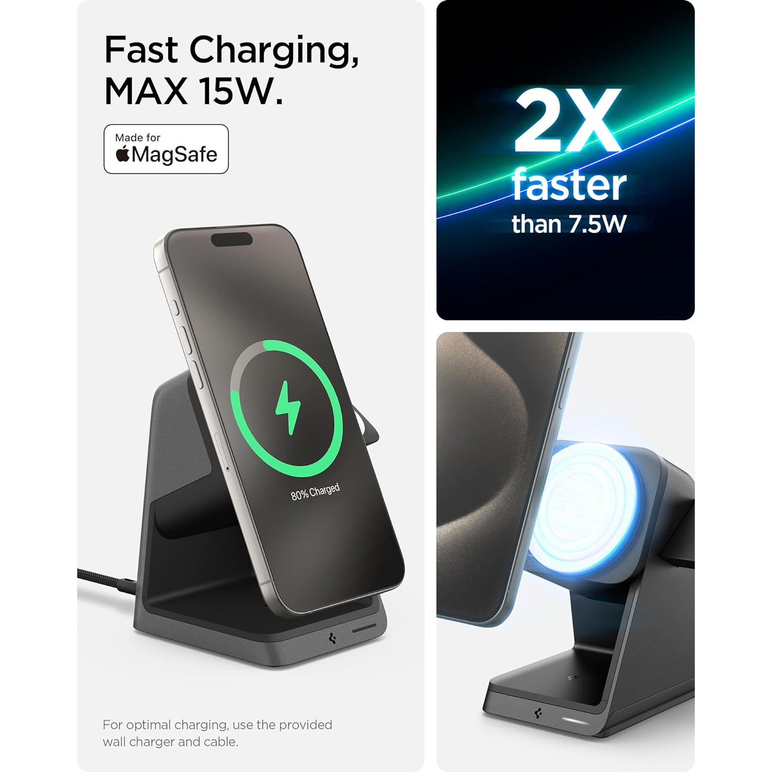 Station de chargement sans fil 3-en-1 de Spigen pour support de chargement MagSafe [certifié] 15&nbsp;W Recharge rapide pour iPhone 16e 16 Pro Max/16