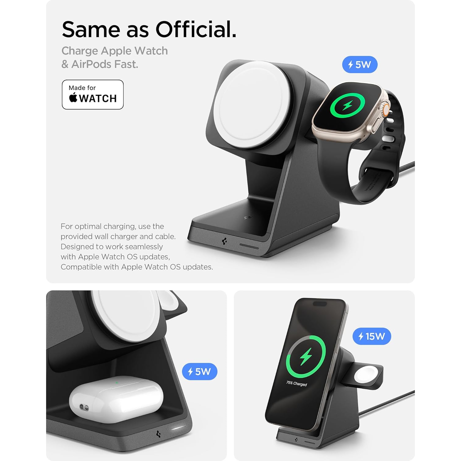 Station de chargement sans fil 3-en-1 de Spigen pour support de chargement MagSafe [certifié] 15&nbsp;W Recharge rapide pour iPhone 16e 16 Pro Max/16