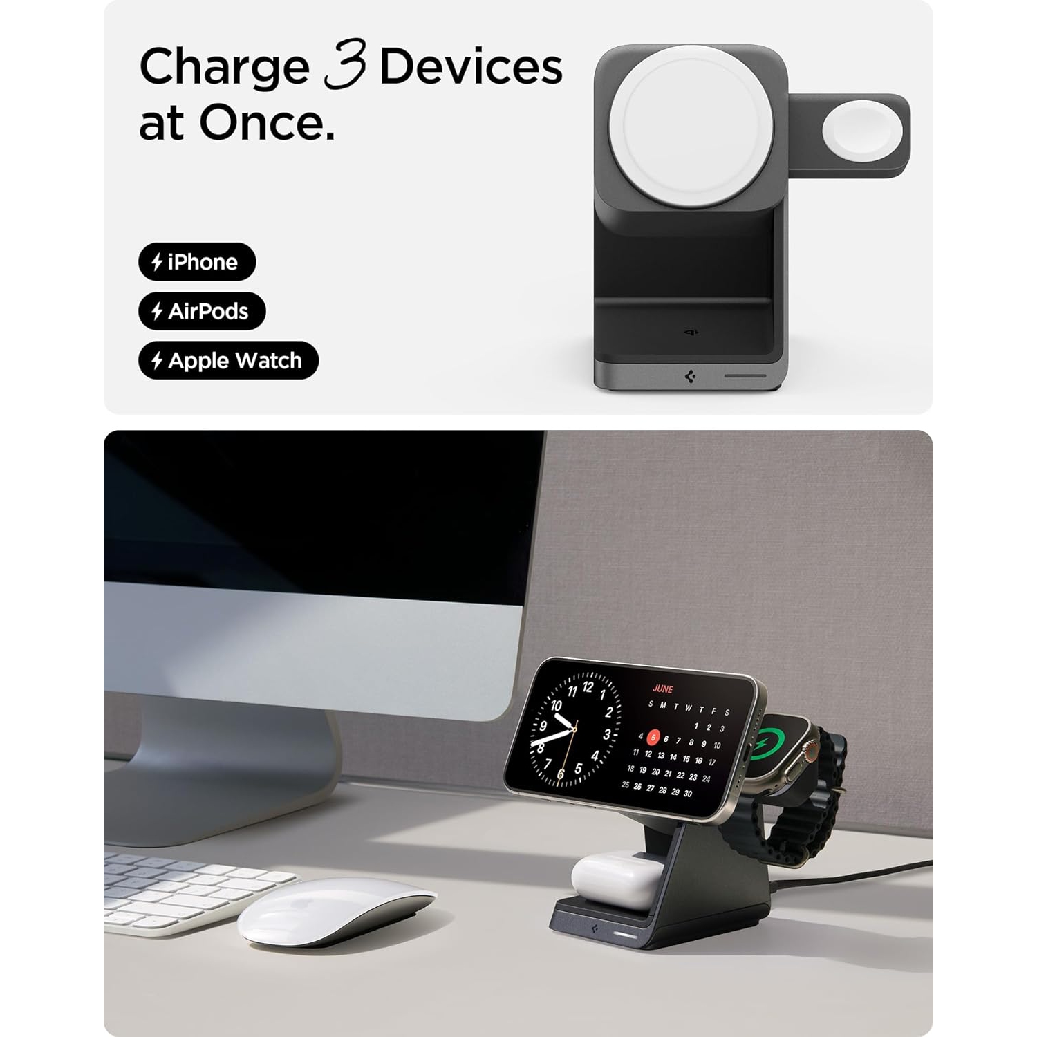 Station de chargement sans fil 3-en-1 de Spigen pour support de chargement MagSafe [certifié] 15&nbsp;W Recharge rapide pour iPhone 16e 16 Pro Max/16