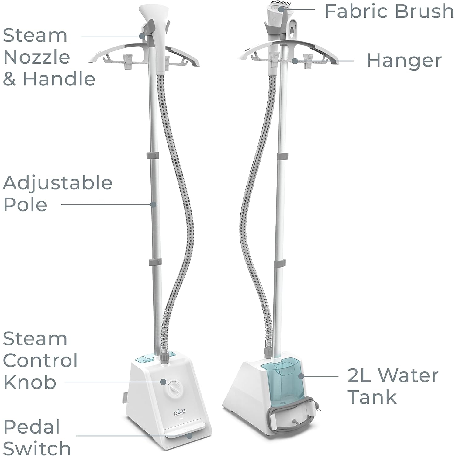 Pure Enrichment PureSteam Pro Upright Clothes Steamer - 1500W Pedal-Powered Garment Steamer with 2L Tank, 4 Heat Levels, 45s Heat-Up Time