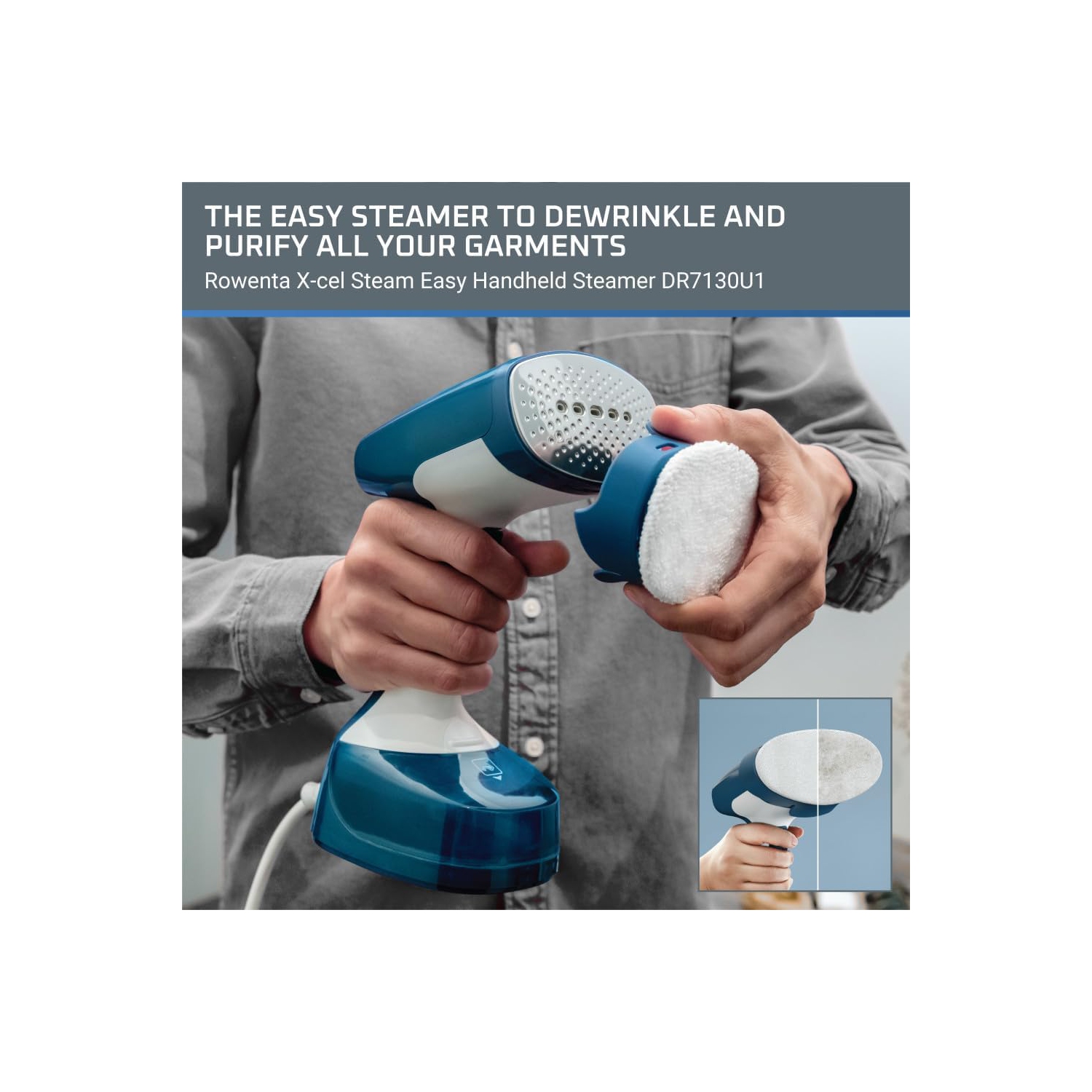 Rowenta X-Cel Easy Steam Handheld Steamer 1400W – 15 Sec Heat-Up, 142g Capacity, Portable Garment Steamer, Travel Essential – Blue