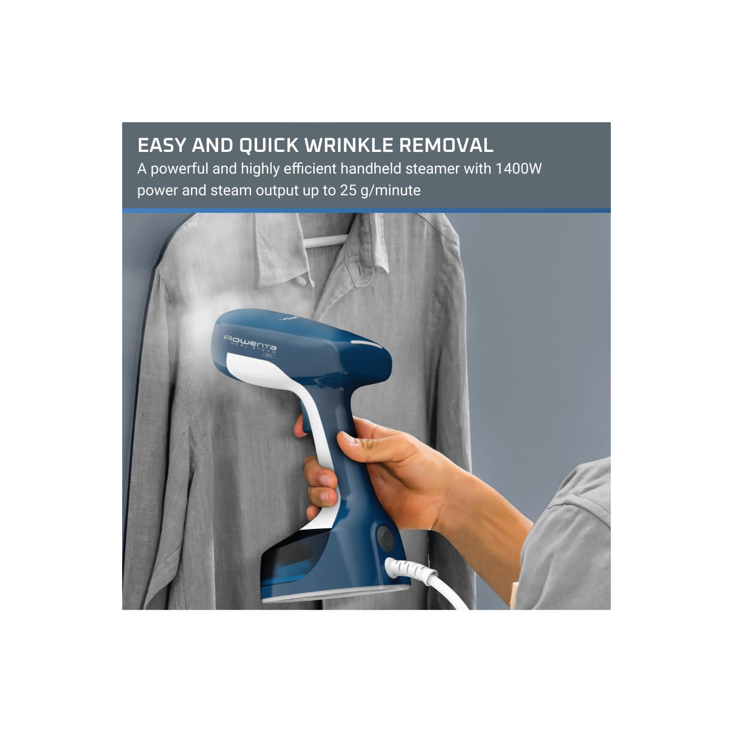 Rowenta X-Cel Easy Steam Handheld Steamer 1400W – 15 Sec Heat-Up, 142g Capacity, Portable Garment Steamer, Travel Essential – Blue