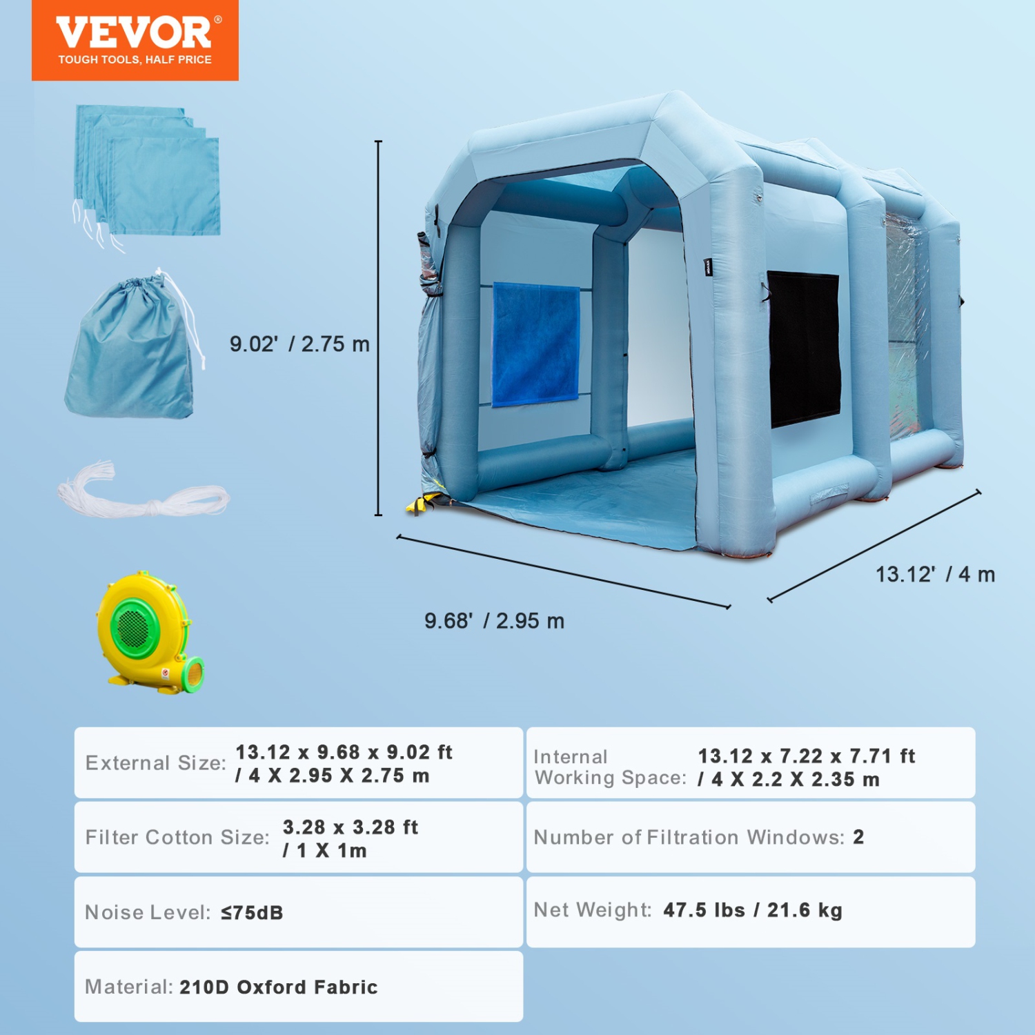VEVOR 13x10x9ft Inflatable Paint Booth, Inflatable Spray Booth, 950W High Powerful Blower Spray Booth Tent, Car Paint Tent Air Filter System for Car