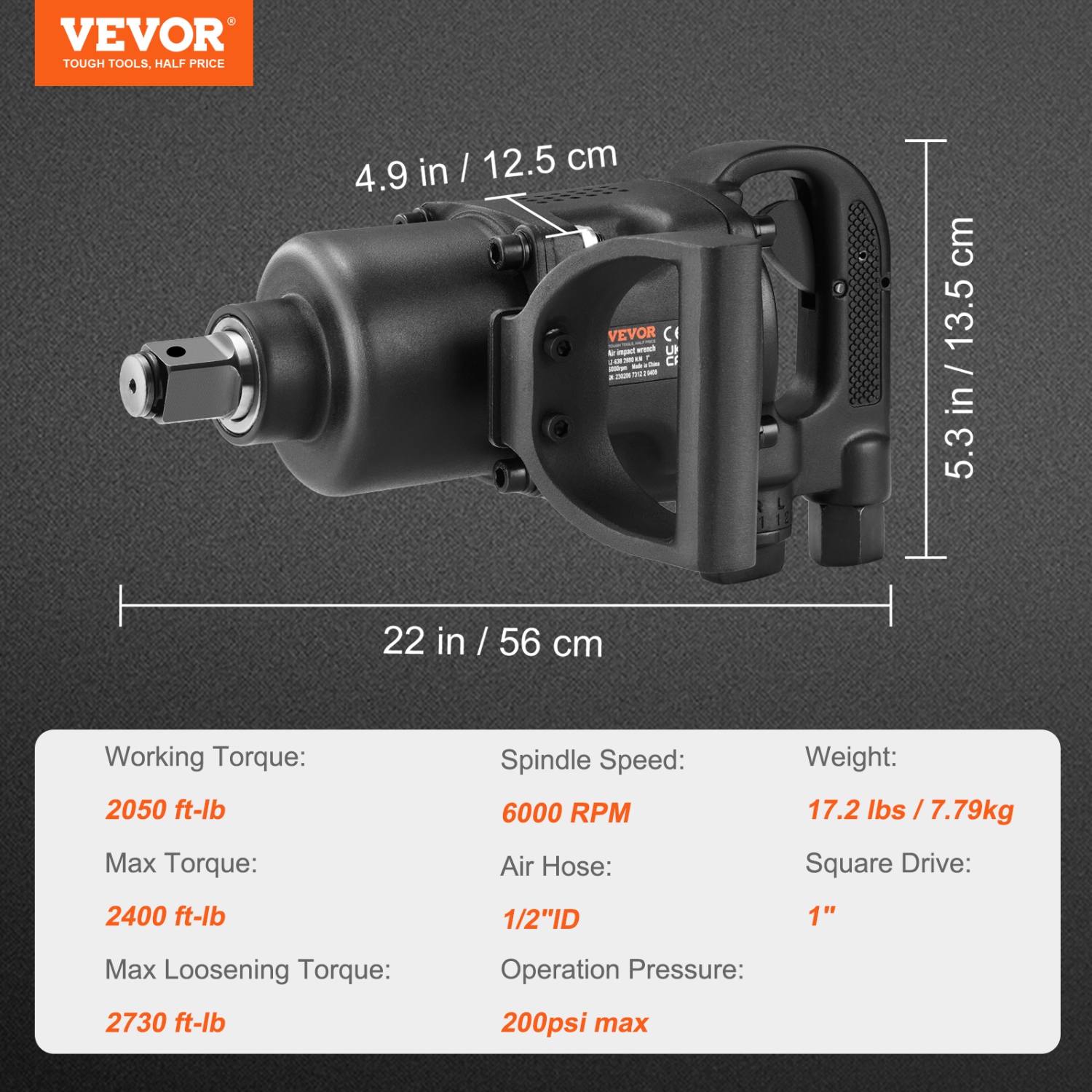 VEVOR 1 Inch Air Impact Wrench, Up to 2730 ft-lbs Reverse Torque Output 1" Pneumatic Impact Gun Lightweight w/ 2 Handles for Heavy Duty Repairs and