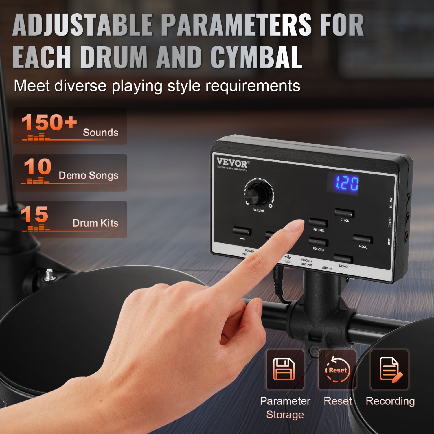 Batterie électrique VEVOR de 6,5&nbsp;po, 15 batteries et batterie électronique de 150 sons, batterie électrique Quiet Mesh avec prise en charge USB