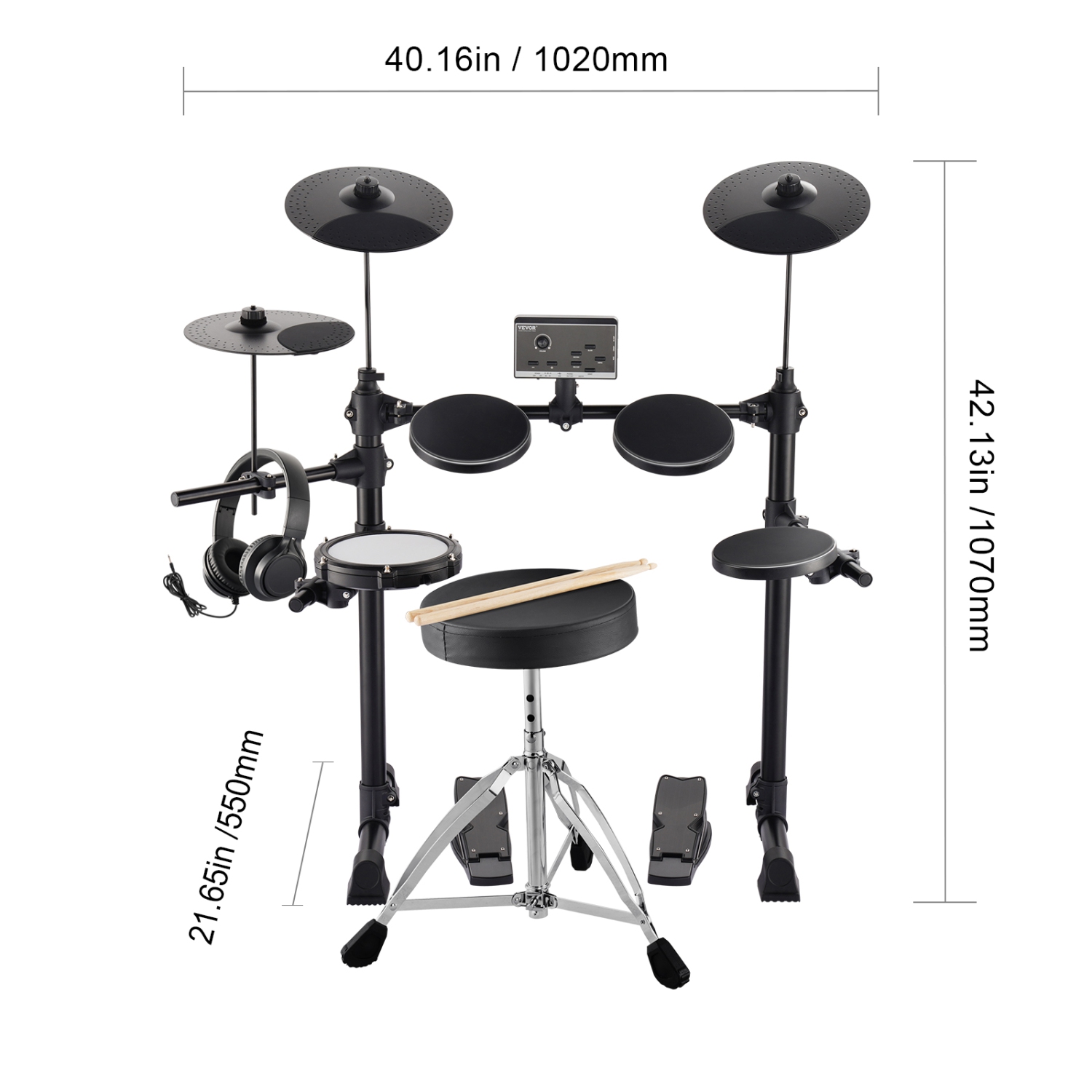 Batterie électrique VEVOR de 6,5&nbsp;po, 15 batteries et batterie électronique de 150 sons, batterie électrique Quiet Mesh avec prise en charge USB