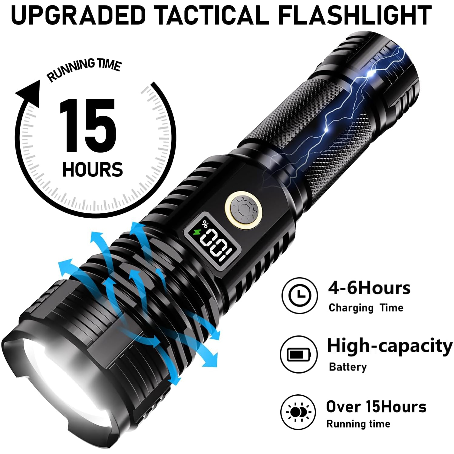 Flashlight rechargeable, Super Bright Zoomable Lampe with LCD Digital Display, 5Modes Brightest Flashlights, 990000 High Lumens LED FlashLight, for
