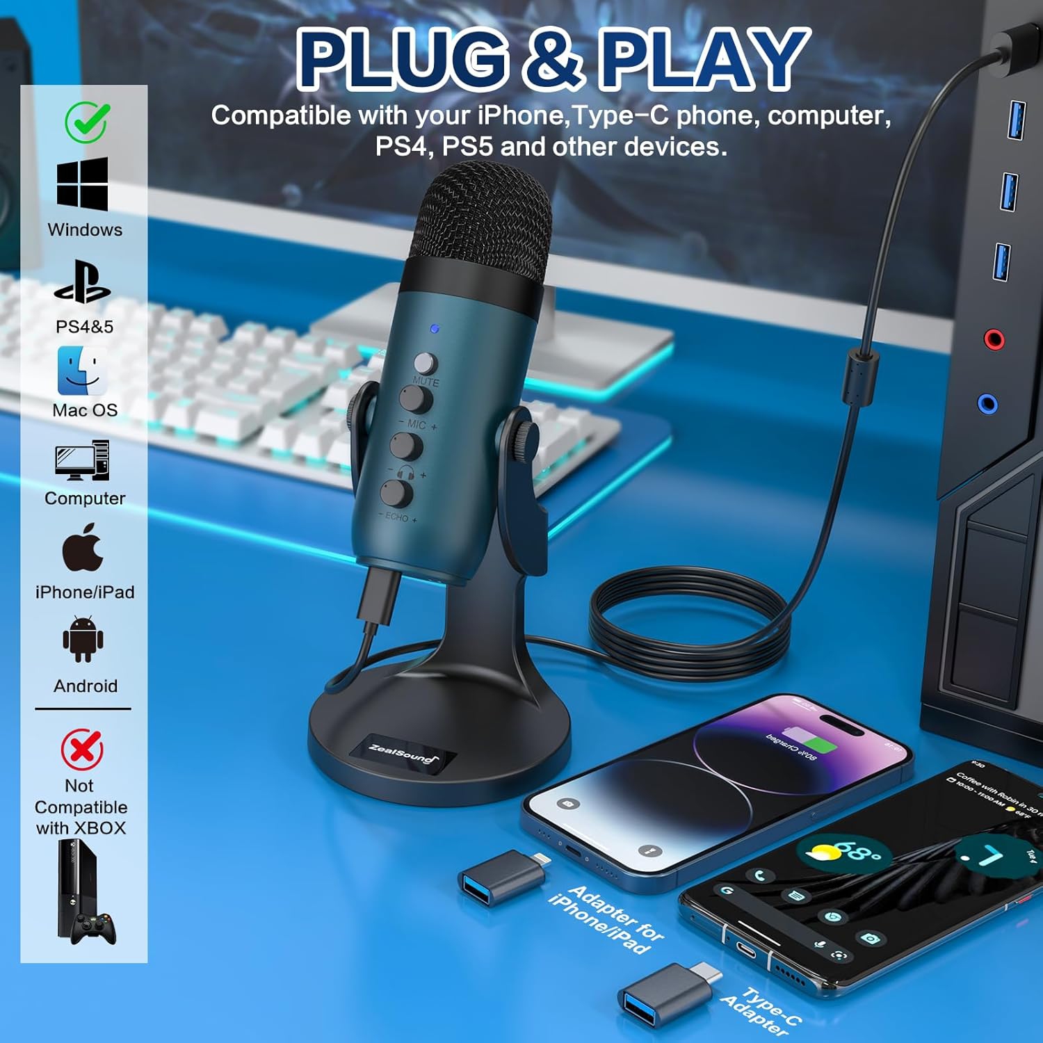 ZealSound USB Microphone Condenser PC Mic For Gaming Streaming Podcasts With Headphone Output Volume Gain Control - View #6
