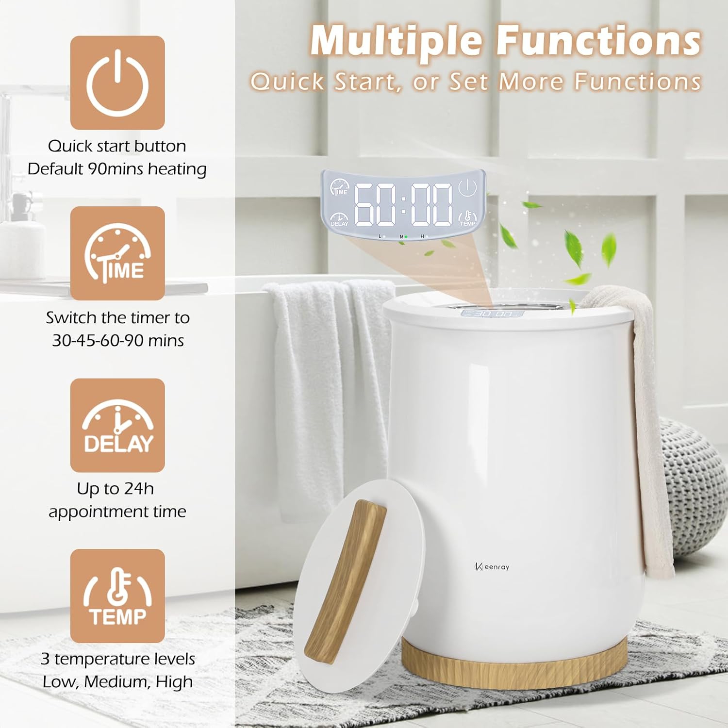 Keenray Upgraded Towel Warmer Bucket, Large Towel Warmer with 3 Heating Modes, Heat Time 30/45/60/90 Min Adjustable and Up to 24 Hour Delay Timer,