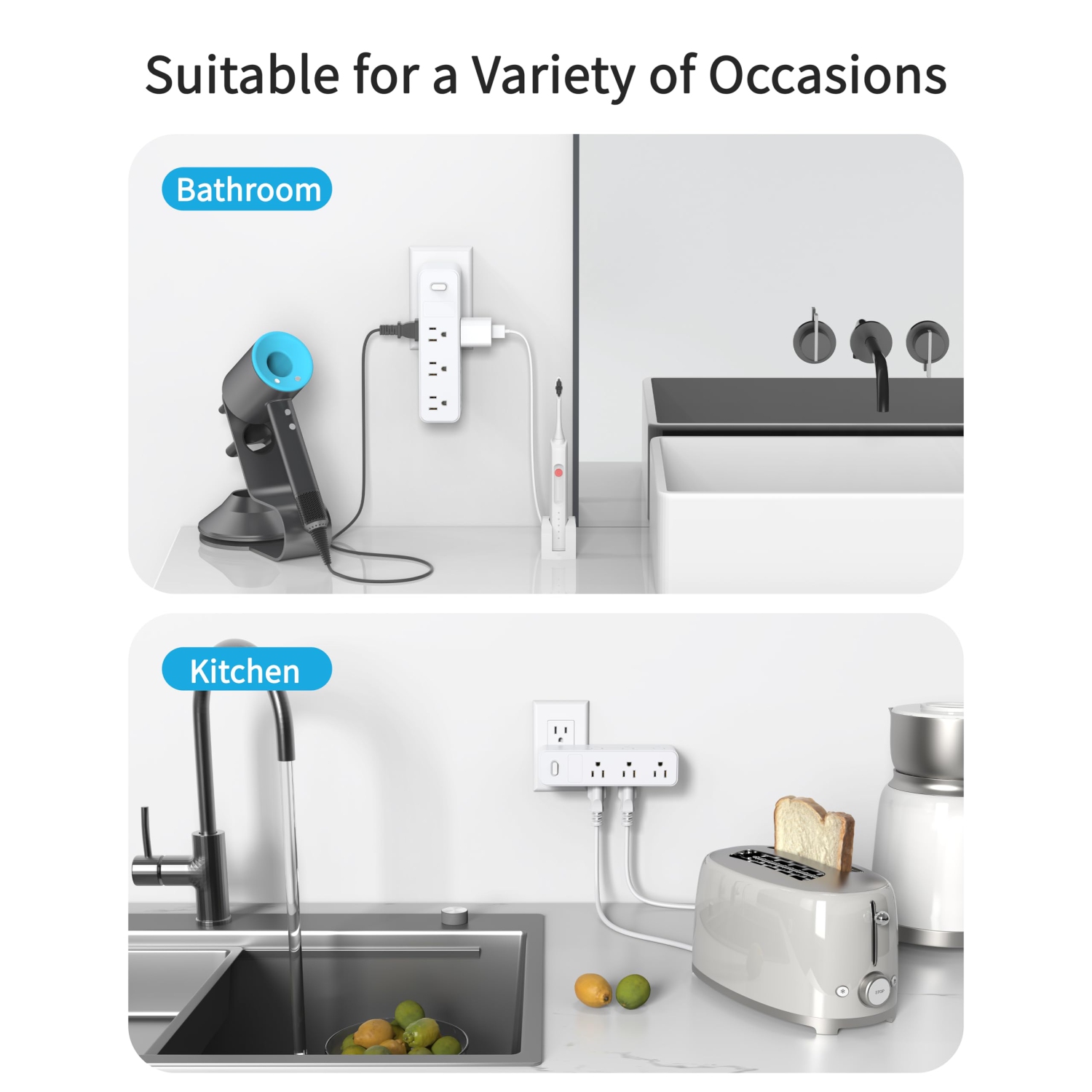 Parasurtenseur avec fiche pivotante à 360°, répartiteur 9 prises c.a., prise murale multiprise avec interrupteur