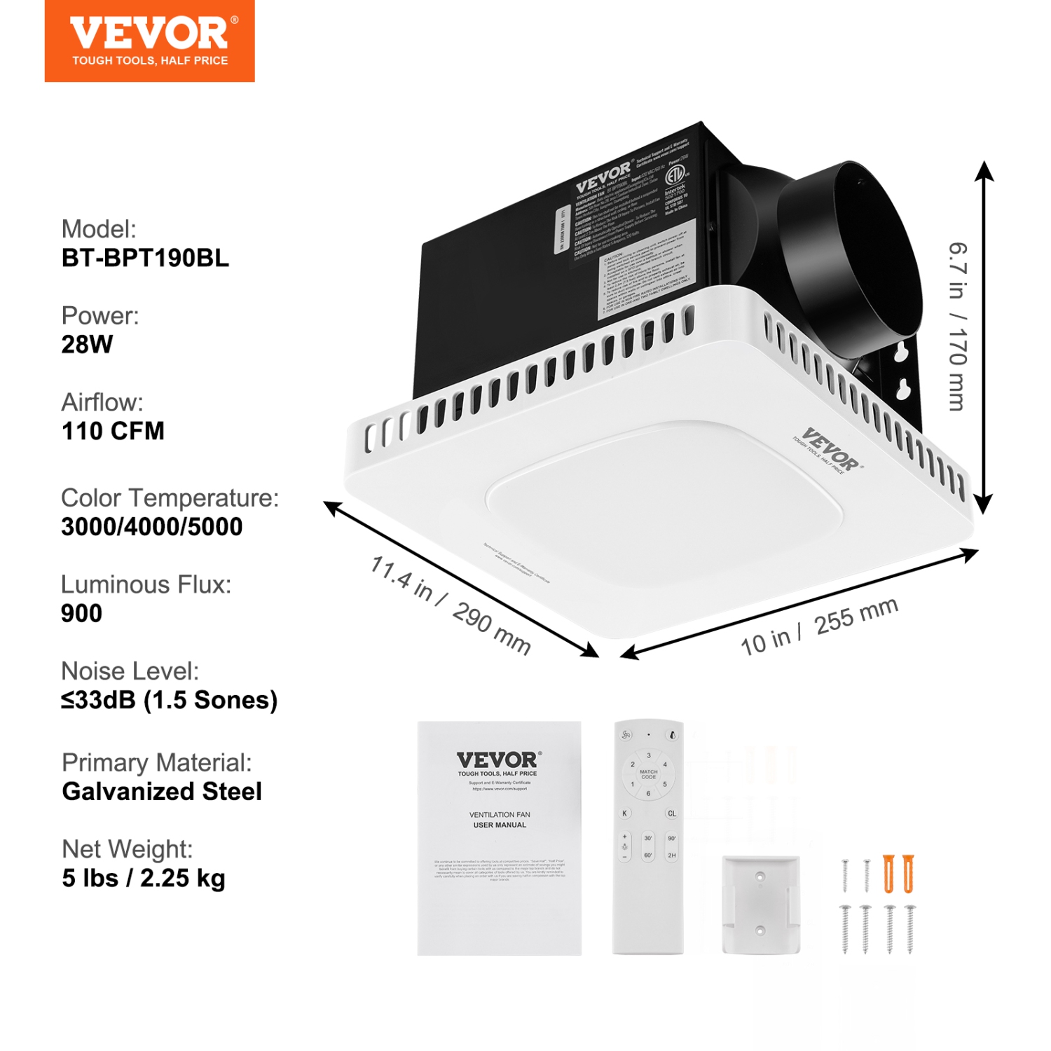 VEVOR 110 CFM Bathroom Exhaust Fan, High-Efficiency Ventilation, 1.5sones Low Noise Operation All-Copper Motor, Energy-Saving Bathroom Ceiling Fan,