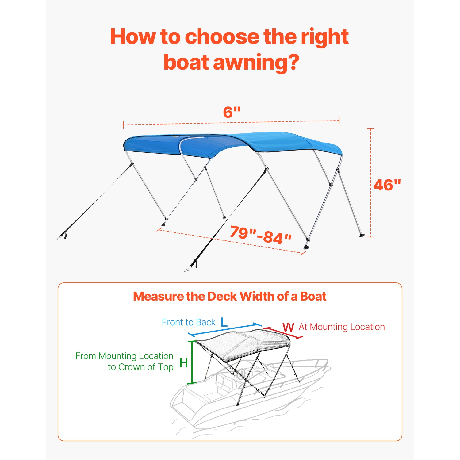 VEVOR 3 Bow Boat Bimini Tops,600D Polyester Canopy with Aluminum Alloy Frame, Waterproof & Sun Shade,with Storage Bag, 2 Support Poles, 4 Straps,