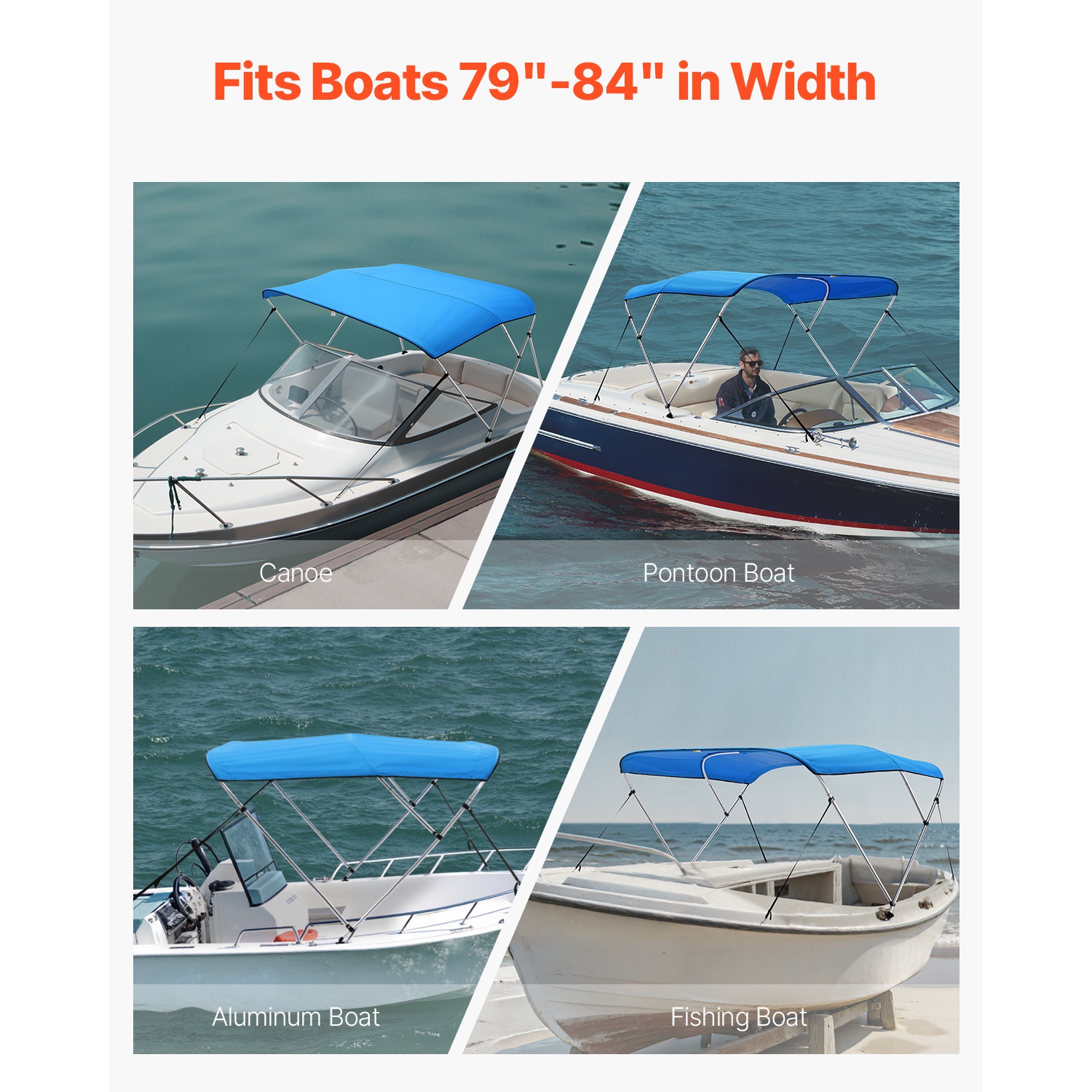 VEVOR 3 Bow Boat Bimini Tops,600D Polyester Canopy with Aluminum Alloy Frame, Waterproof & Sun Shade,with Storage Bag, 2 Support Poles, 4 Straps,