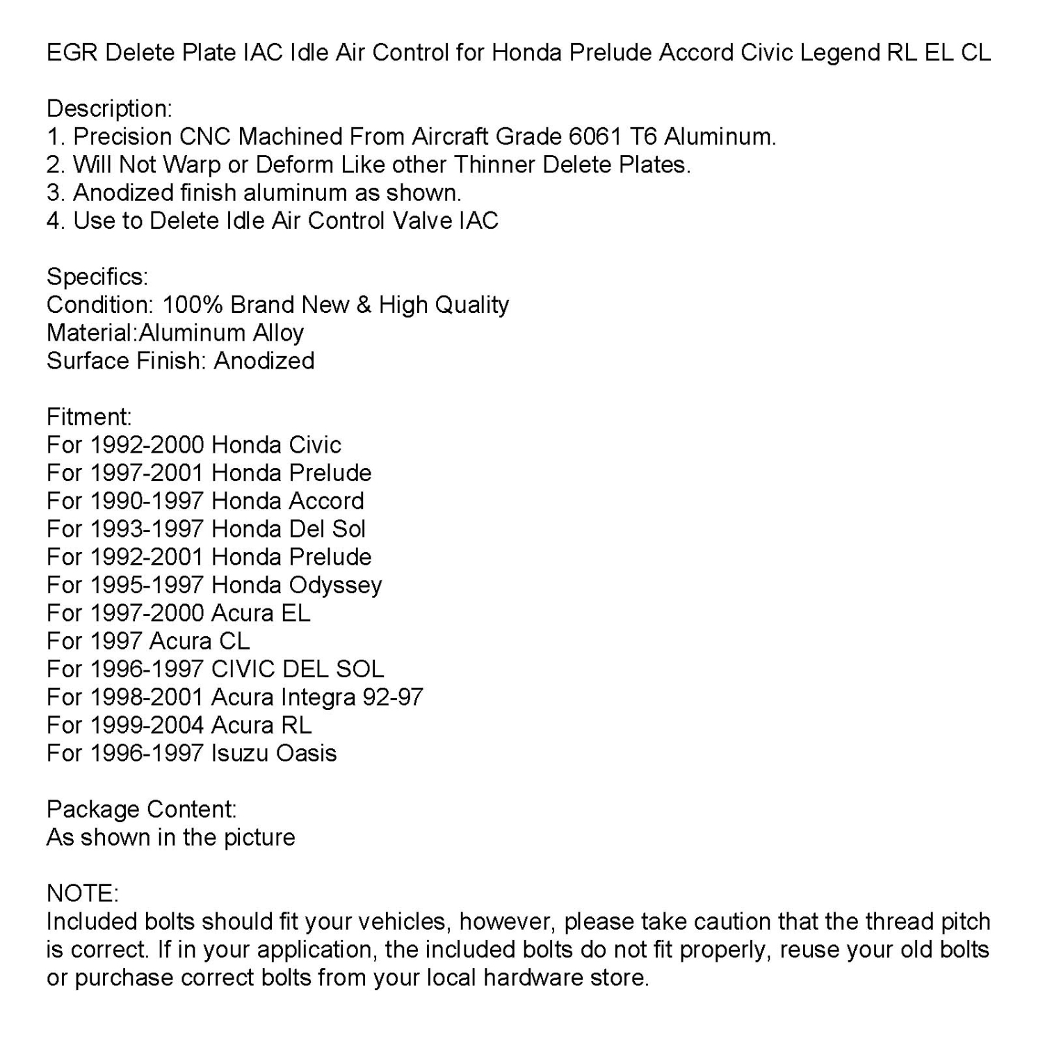 EGR Delete Plate IAC Idle Air Control for Honda Prelude Accord Civic Legend RL EL CL