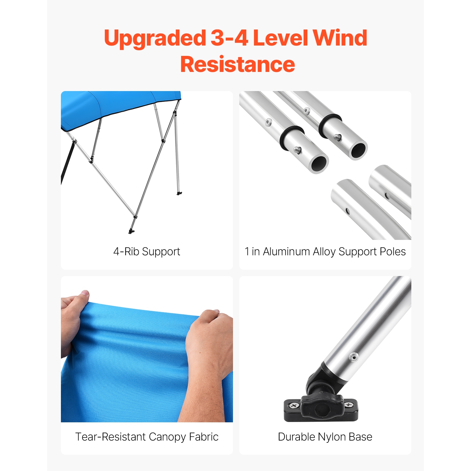 VEVOR 4 Bow Boat Bimini Tops, 600D Polyester Canopy with Aluminum Alloy Frame, Waterproof & Sun Shade, with Storage Bag, 2 Support Poles, 4 Straps,