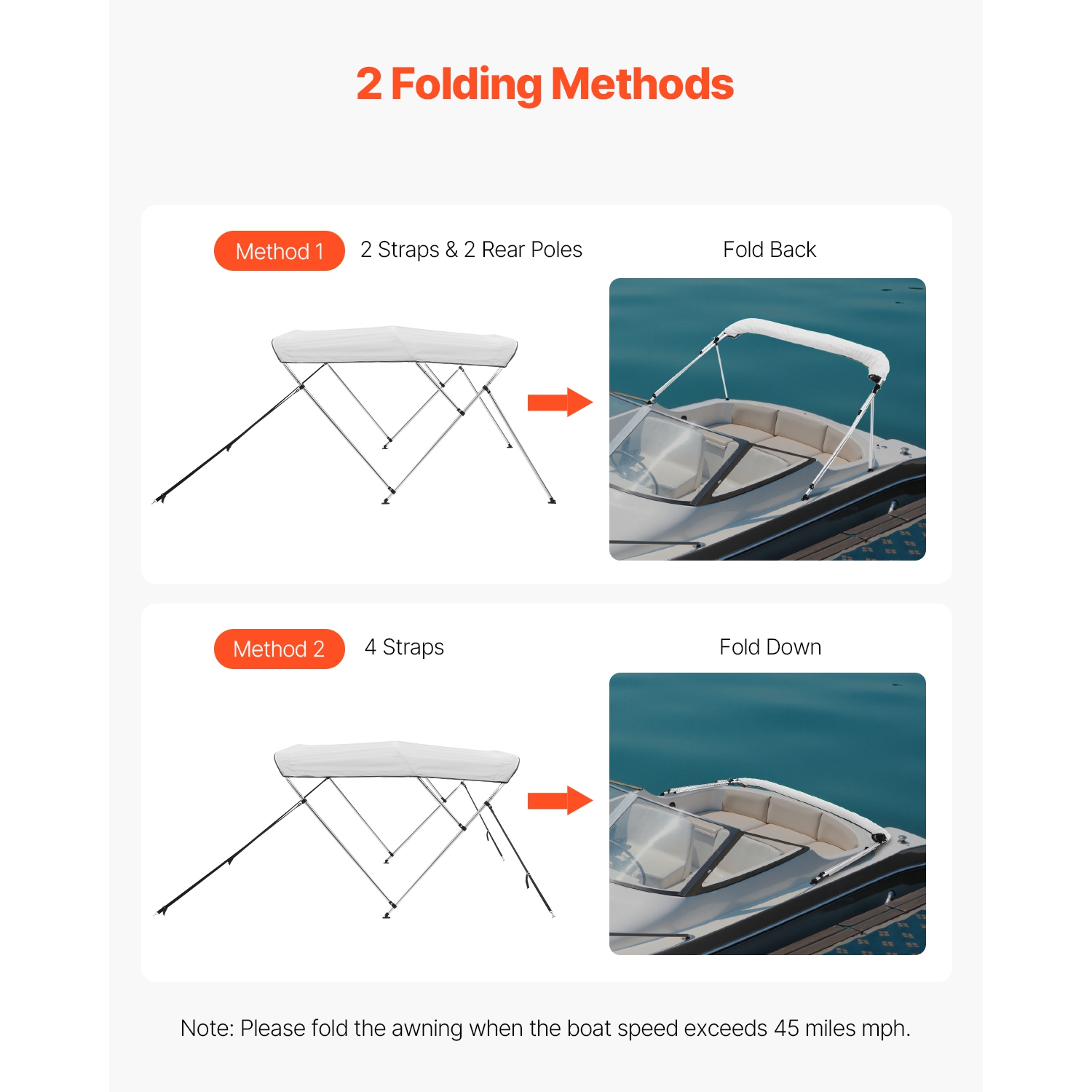 VEVOR 3 Bow Boat Bimini Tops, 600D Polyester Canopy with Aluminum Alloy Frame, Waterproof & Sun Shade, with Storage Bag, 2 Support Poles, 4 Straps,