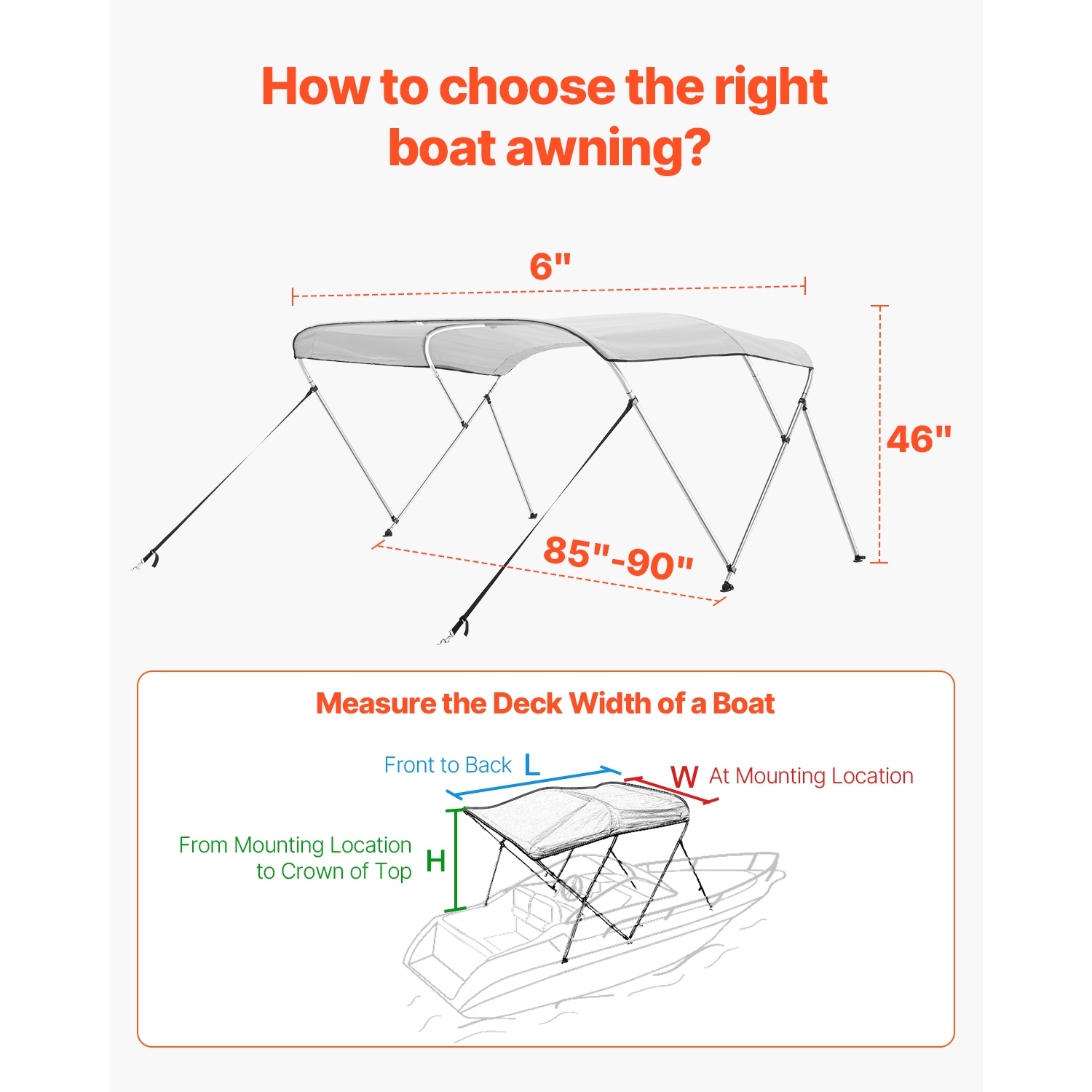 VEVOR 3 Bow Boat Bimini Tops, 600D Polyester Canopy with Aluminum Alloy Frame, Waterproof & Sun Shade, with Storage Bag, 2 Support Poles, 4 Straps,