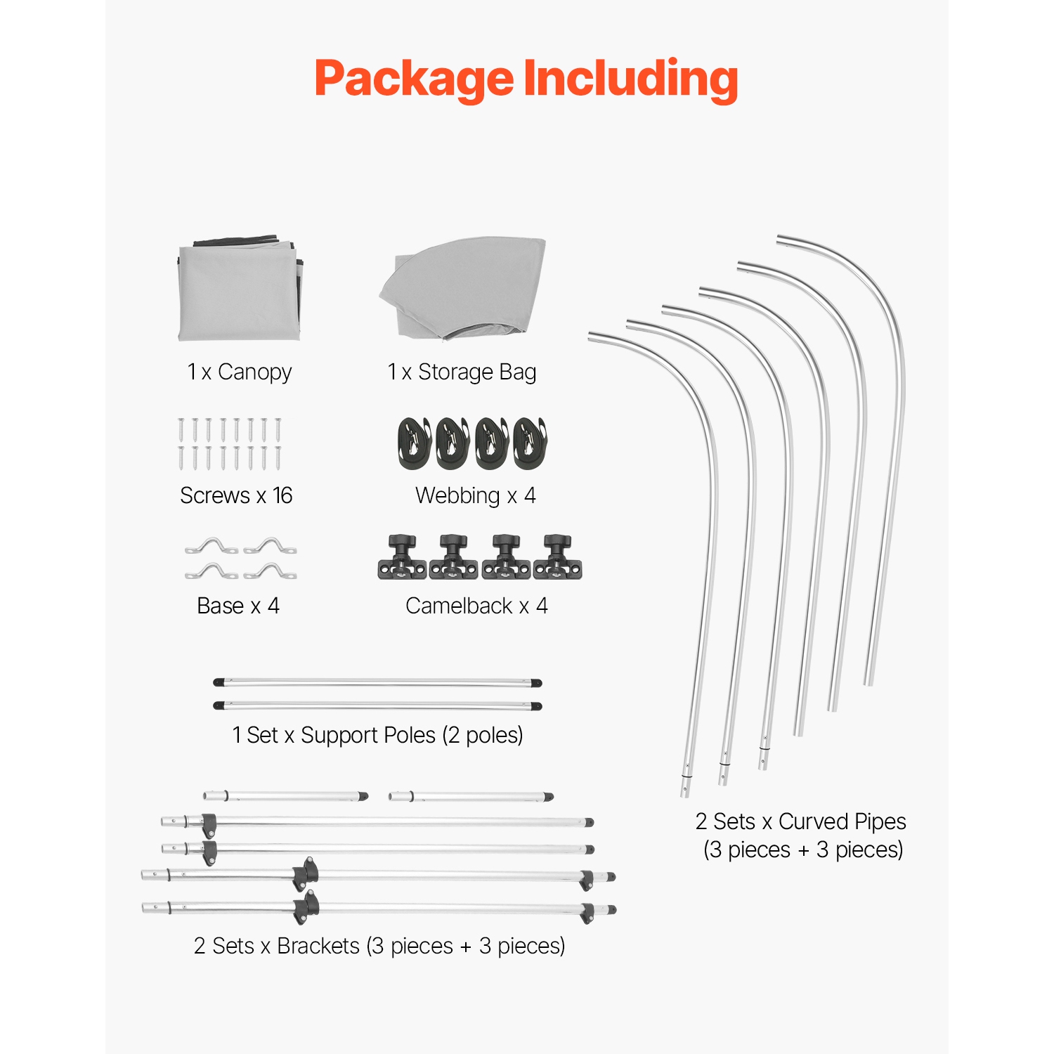 VEVOR 3 Bow Boat Bimini Tops, 600D Polyester Canopy with Aluminum Alloy Frame, Waterproof & Sun Shade, with Storage Bag, 2 Support Poles, 4 Straps,