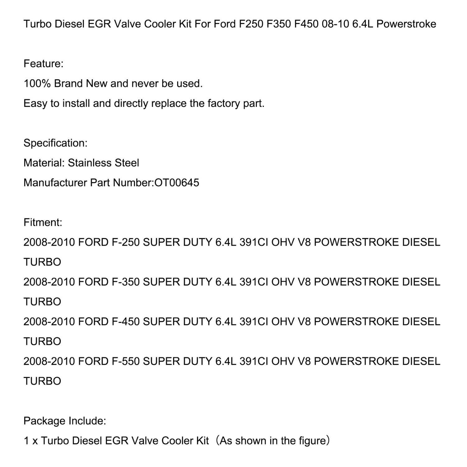 Turbo Diesel Valve Cooler Kit For Ford F250 F350 F450 08-10 6.4L Powerstroke