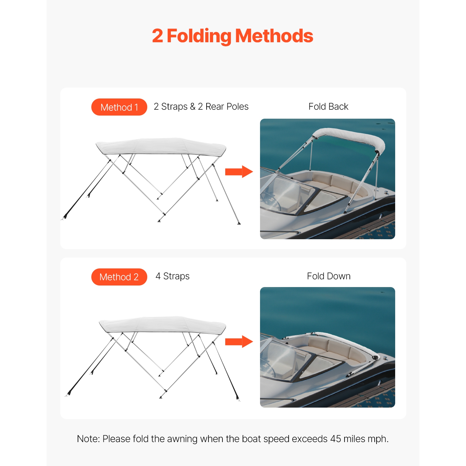 VEVOR 4 Bow Boat Bimini Tops, 600D Polyester Canopy with Aluminum Alloy Frame, Waterproof & Sun Shade, with Storage Bag, 2 Support Poles, 4 Straps,