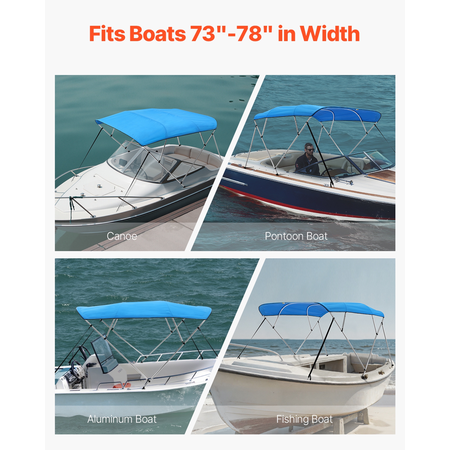 VEVOR 4 Bow Boat Bimini Tops, 600D Polyester Canopy with Aluminum Alloy Frame, Waterproof & Sun Shade, with Storage Bag, 2 Support Poles, 4 Straps,