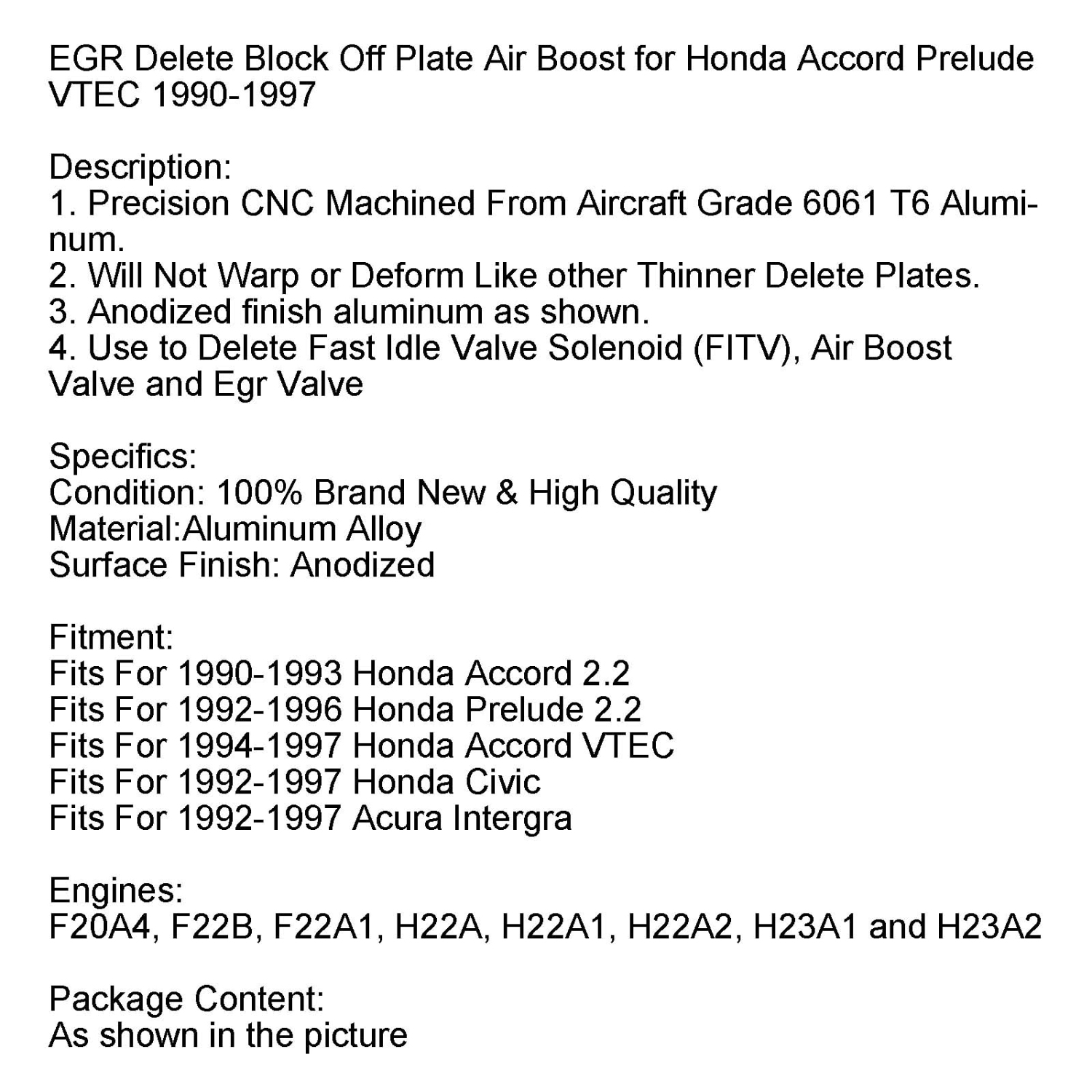 EGR Delete Block Off Plate Air Boost for Honda Accord Prelude VTEC 1990-1997